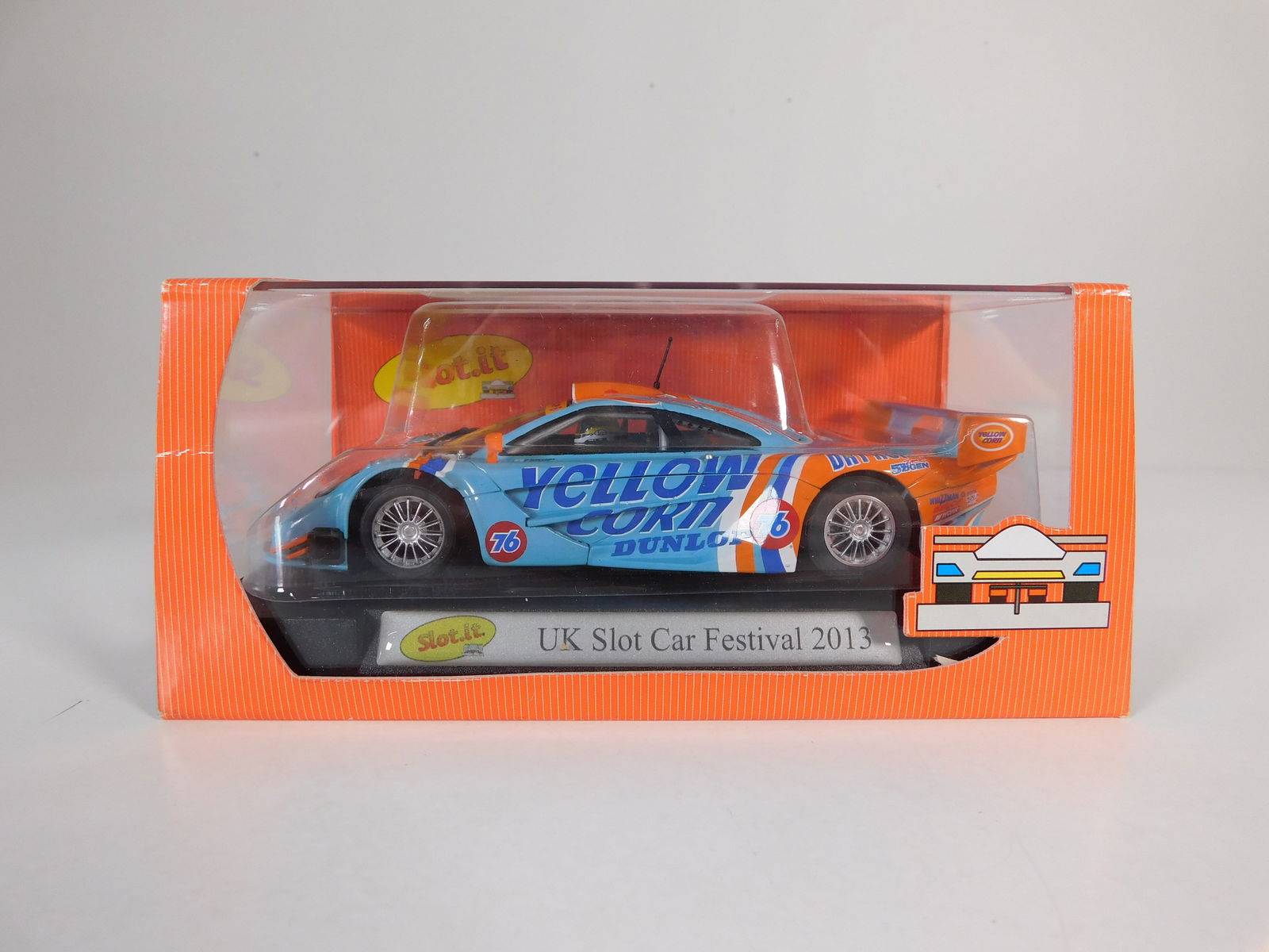 Slot.it McClaren F1 GTR UK Slot Car Festival 2013 #76: Slot.it F1 GTR UK Festival 2013 #76 Yellow Corn 1/32 Slot Car. Reference #SC10a, with original case. Weight: 7.7 oz. 