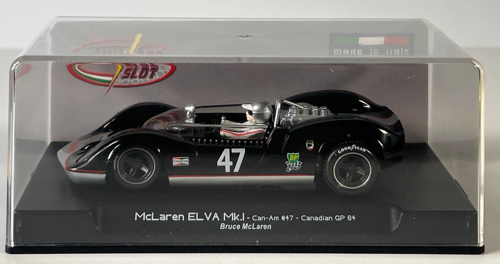 Thunder Slot McLaren ELVA MK.I Can-Am Canadian GP 64 #47: Thunder Slot McLaren ELVA MK.I Can-Am Canadian GP 64 Bruce McLaren #47 1/32 Slot Car. Reference #CA00401S/W, with original case. Weight: 6 oz.