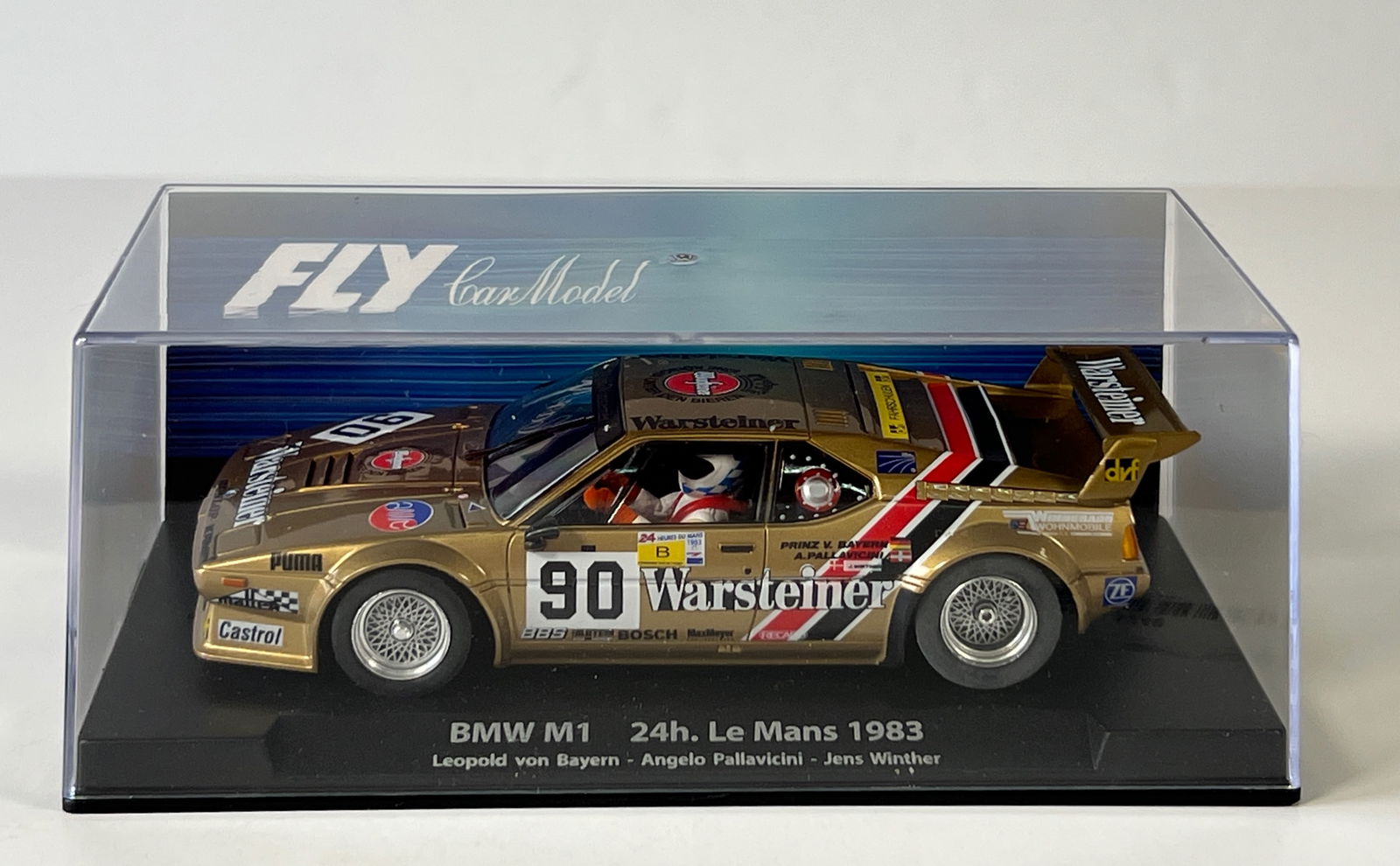 Fly Car Model BMW M1 24h Le Mans 1983 #90: Fly Car Model BMW M1 24h Le Mans 1983 Bayern - Pallavicini - Winther #90 Warsteiner 1/32 Slot Car. Reference #88346, with original case. Weight: 7 oz.