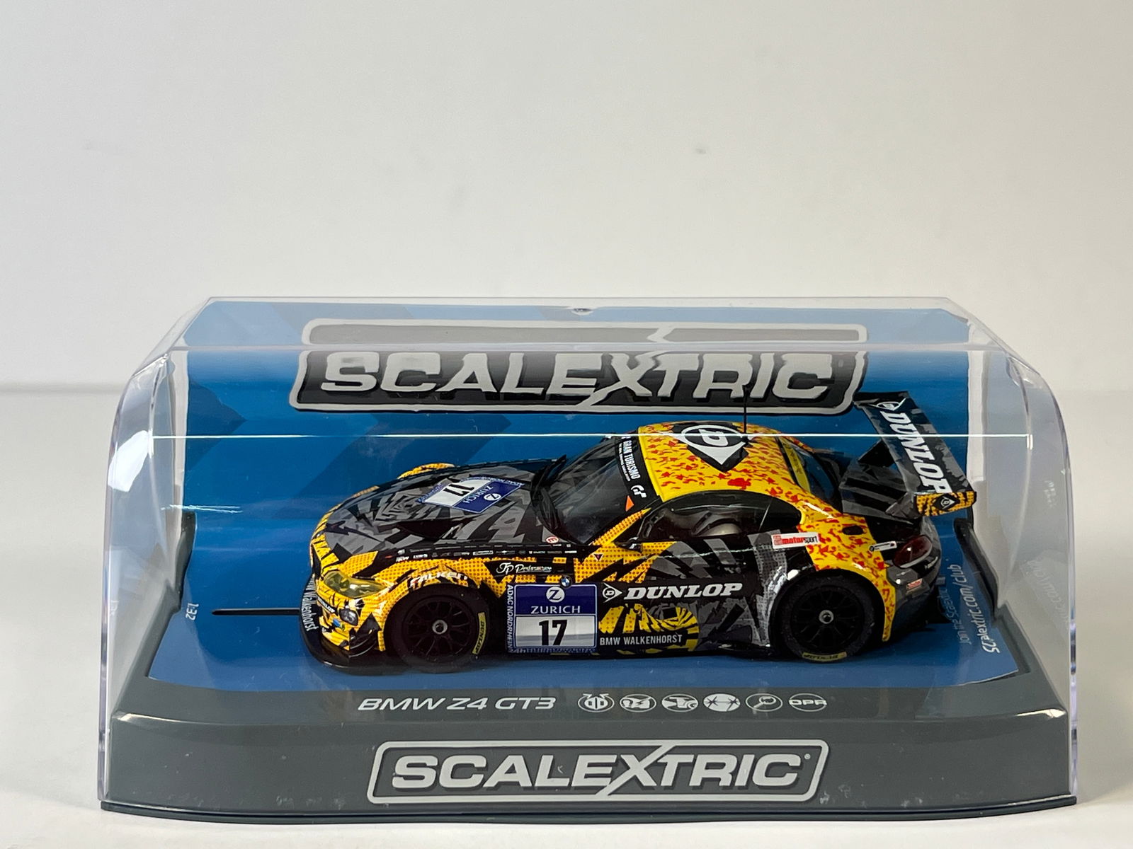Scalextric BMW Z4 GT3 24h. Nurburgring #17: Scalextric BMW Z4 GT3 24h. Nurburgring #17 Dunlop 1/32 Slot Car. Reference #C3847, with original case.
