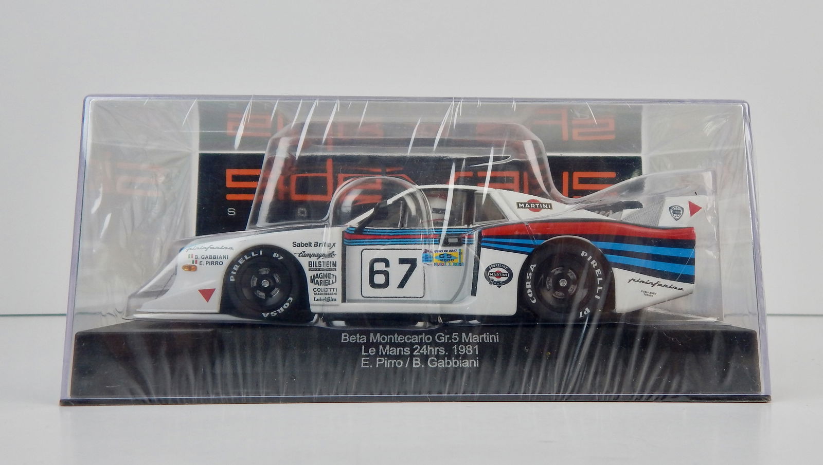 Sideways Beta Montecarlo Gr.5 Martini Le Mans 24hrs 1981 #67: Sideways Beta Montecarlo Gr.5 Martini Le Mans 24hrs 1981 Pirro / Gabbiani #67 1/32 Slot Car. Reference #SW22, with original case. Weight: 7.1 oz. Shrink-wrapped - new in box.