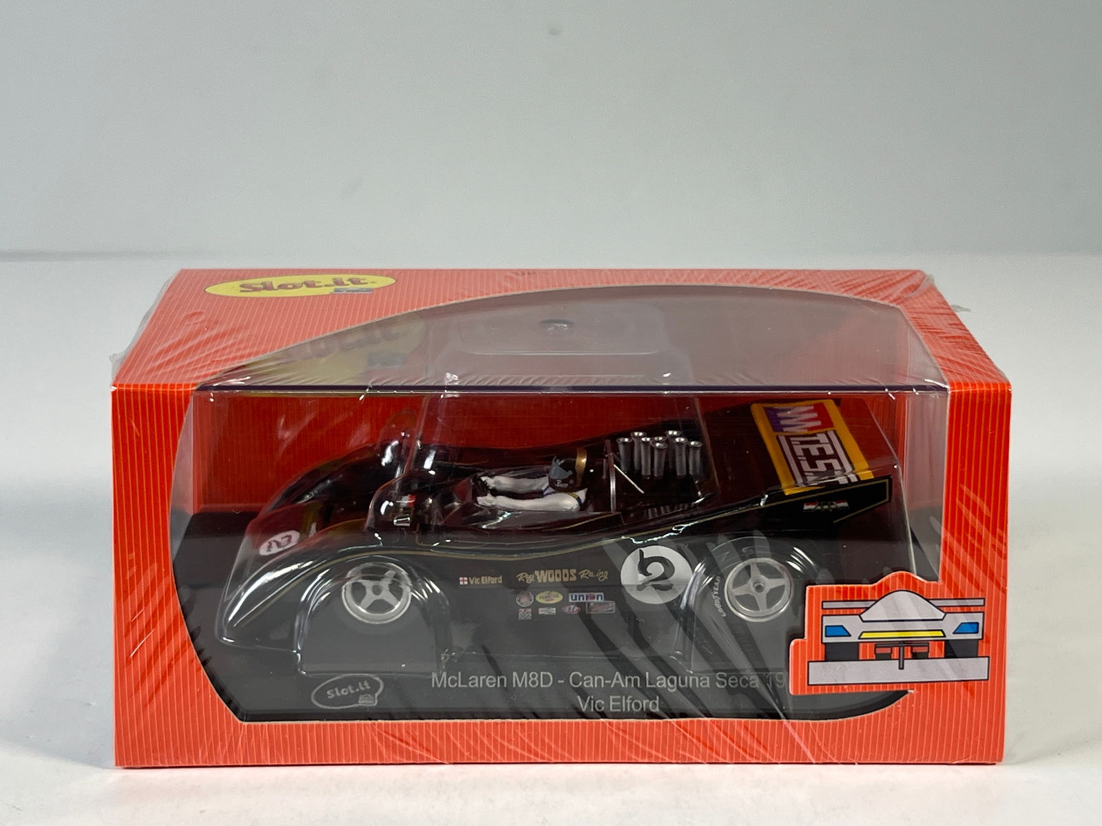 Slot.it McLaren M8D Can-Am Laguna Seca 1971 #2: Slot.it McLaren M8D Can-Am Laguna Seca 1971 #2 TEST 1/32 Slot Car. Reference #CA26c, with original case. Weight: 7 oz. Shrink-wrapped, new in box.