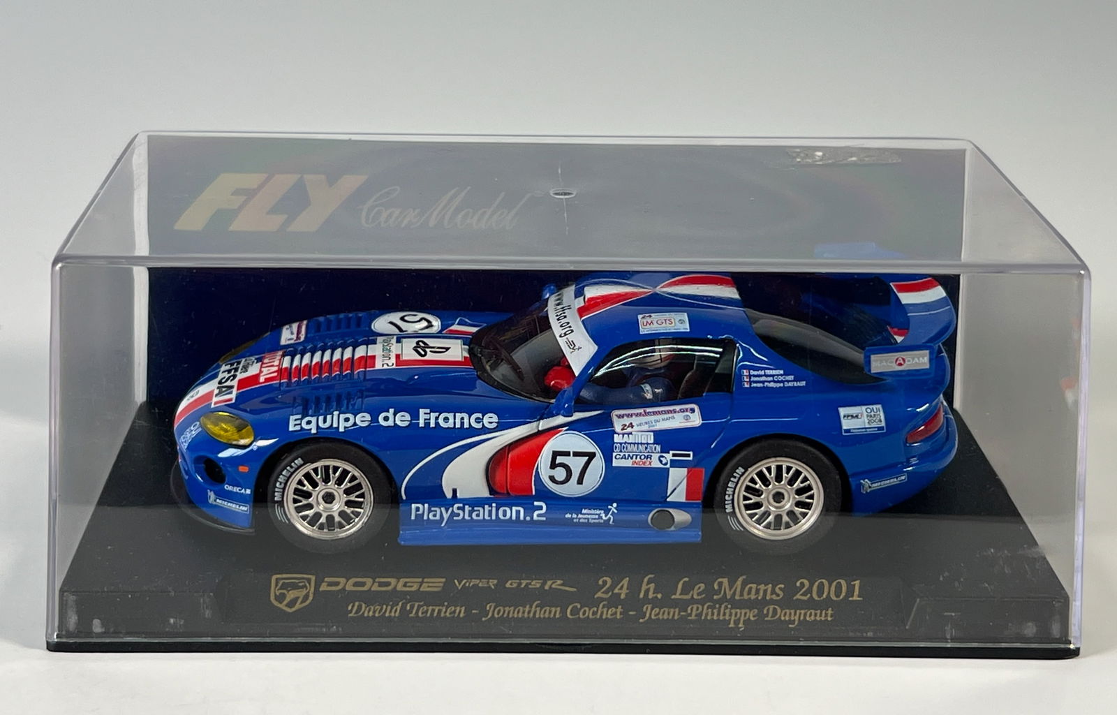 Fly Car Model Dodge Viper GTS-R 24h Le Mans 2001 #57: Fly Car Model Dodge Viper GTS-R 24h Le Mans 2001 Equipe de France Terrien - Cochet - Dayraut #57 PlayStation 1/32 Slot Car. Reference #A203, with original case. Weight: 6.4 oz.