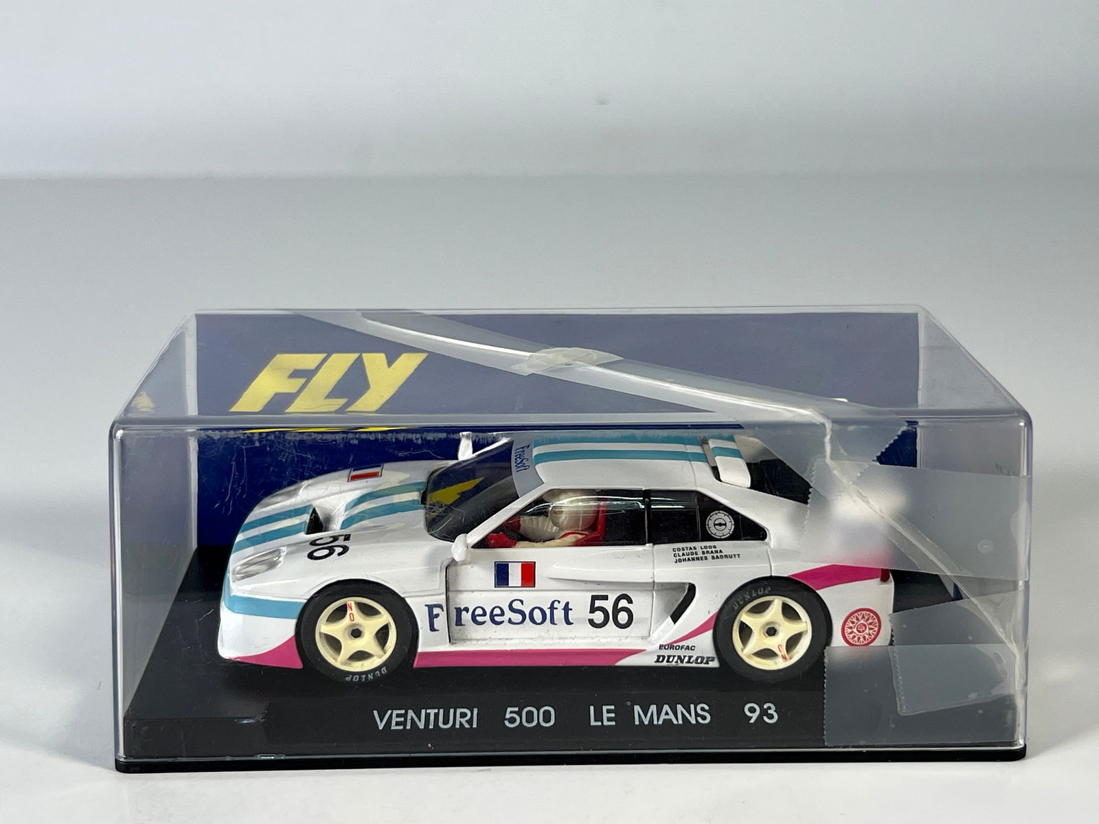 Fly Venturi 500 Le Mans 93 #56: Fly Venturi 500 Le Mans 93 #56 FreeSoft 1/32 Slot Car, with original case. Weight: 6.6 oz. 