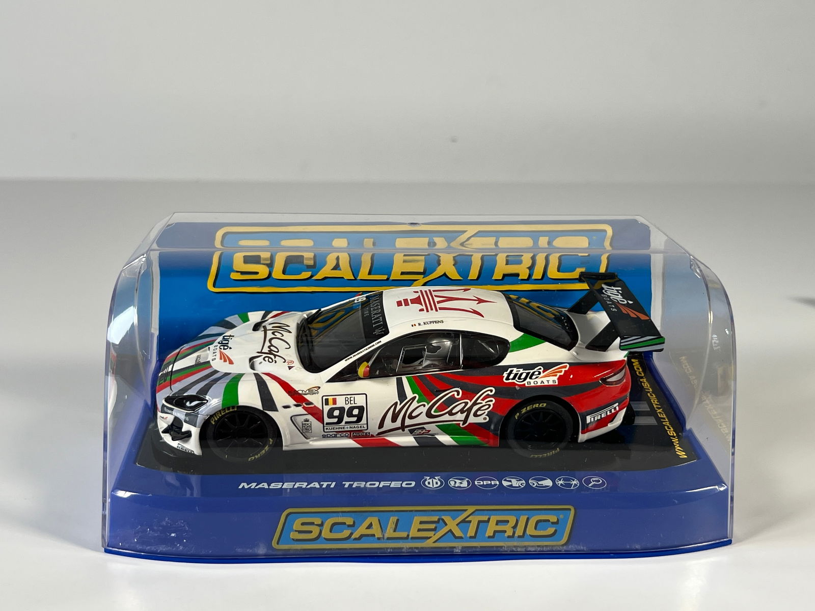 Scalextric Maserati Trofeo World Series 2012 #99: Scalextric Maserati Trofeo World Series 2012 R. Kuppens #99 McCafe 1/32 Slot Car. Reference #C3388, with original case. Weight: 8.5 oz.