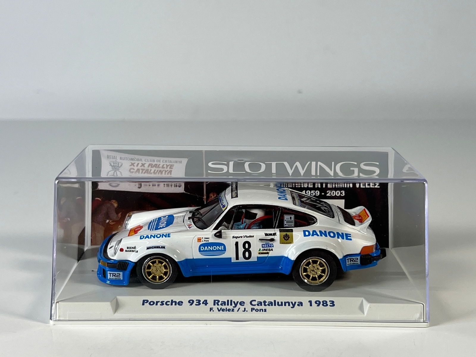 Slotwings Porsche 934 Rallye Catalunya 1983 #18: Slotwings Porsche 934 Rallye Catalunya 1983 Velez - Pons #18 Danone 1/32 Slot Car. Reference #W044-03SP, with original case. Weight: 6.6 oz.