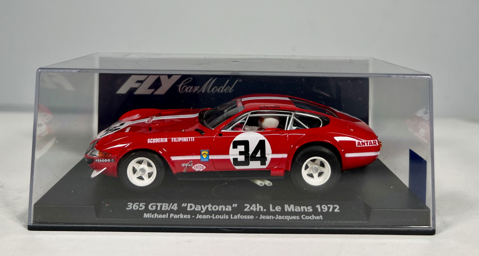 Fly Car Model 365 GTB/4 Daytona 24h Le Mans 1972 #34: Fly Car Model 365 GTB/4 Daytona 24h Le Mans 1972 Parkes - Lafosse - Cochet #34 Antar 1/32 Slot Car A-656, with original case. Weight: 5oz.