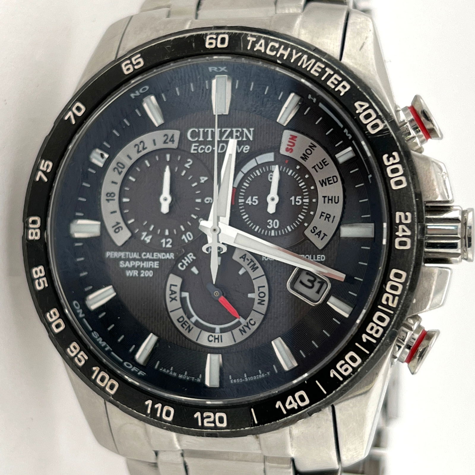 Citizen Eco-Drive Perpetual Chrono E650 Titanium Wristwatch: The Eco Drive Chrono is a technically advanced watch, with radio controlled accuracy that keeps you on time regardless of time zones. This watch looks good in the board room as well as the outdoors, w