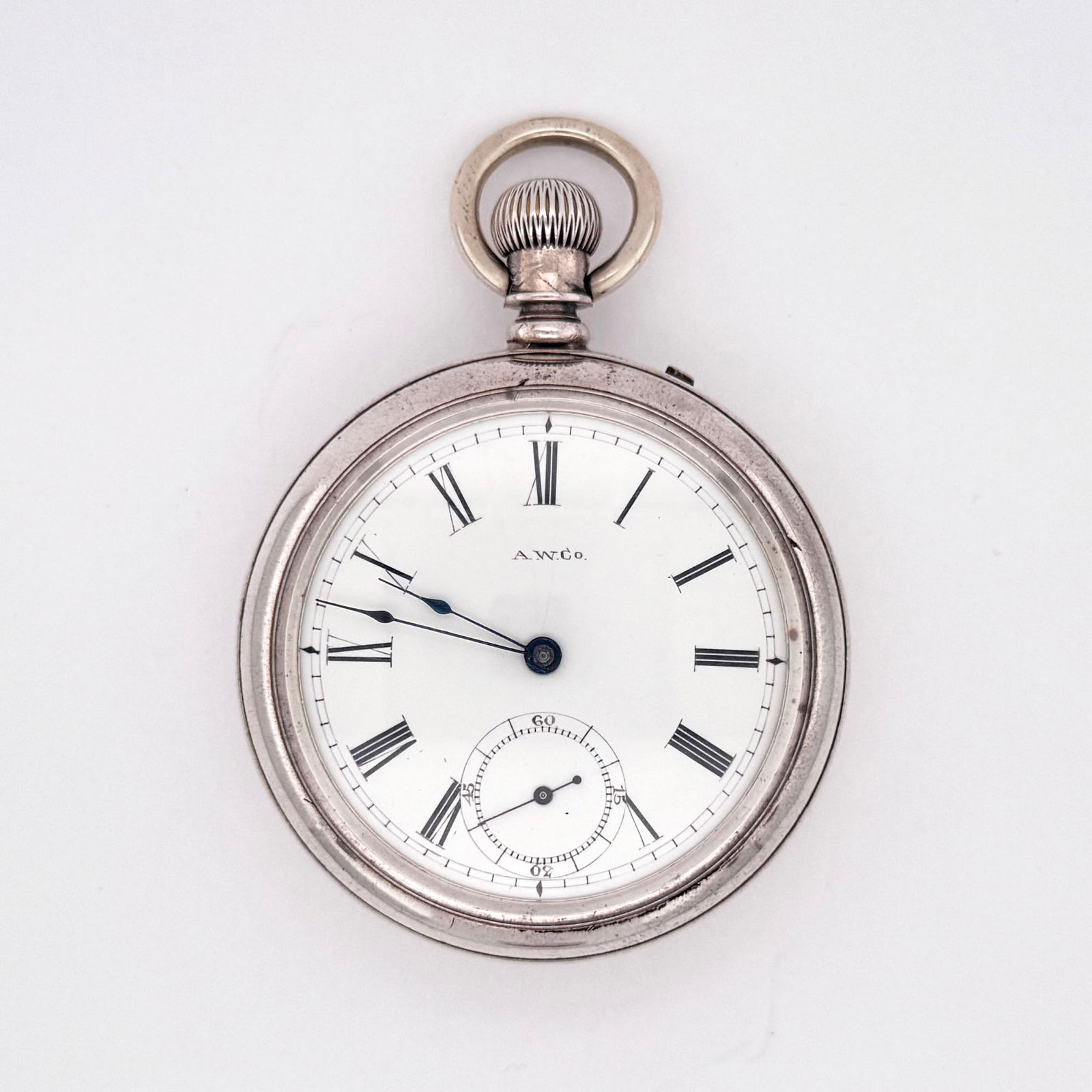Waltham A.W. Co. 14s, Grade Bond St. 7j Pocket Watch, Serial #2951635: This is a 14s Bond St grade Waltham pocket watch with a 7j movement with serial number 2951635 . It features a white face with Roman numerals, a small seconds sub dial at 6 o'clock, and the