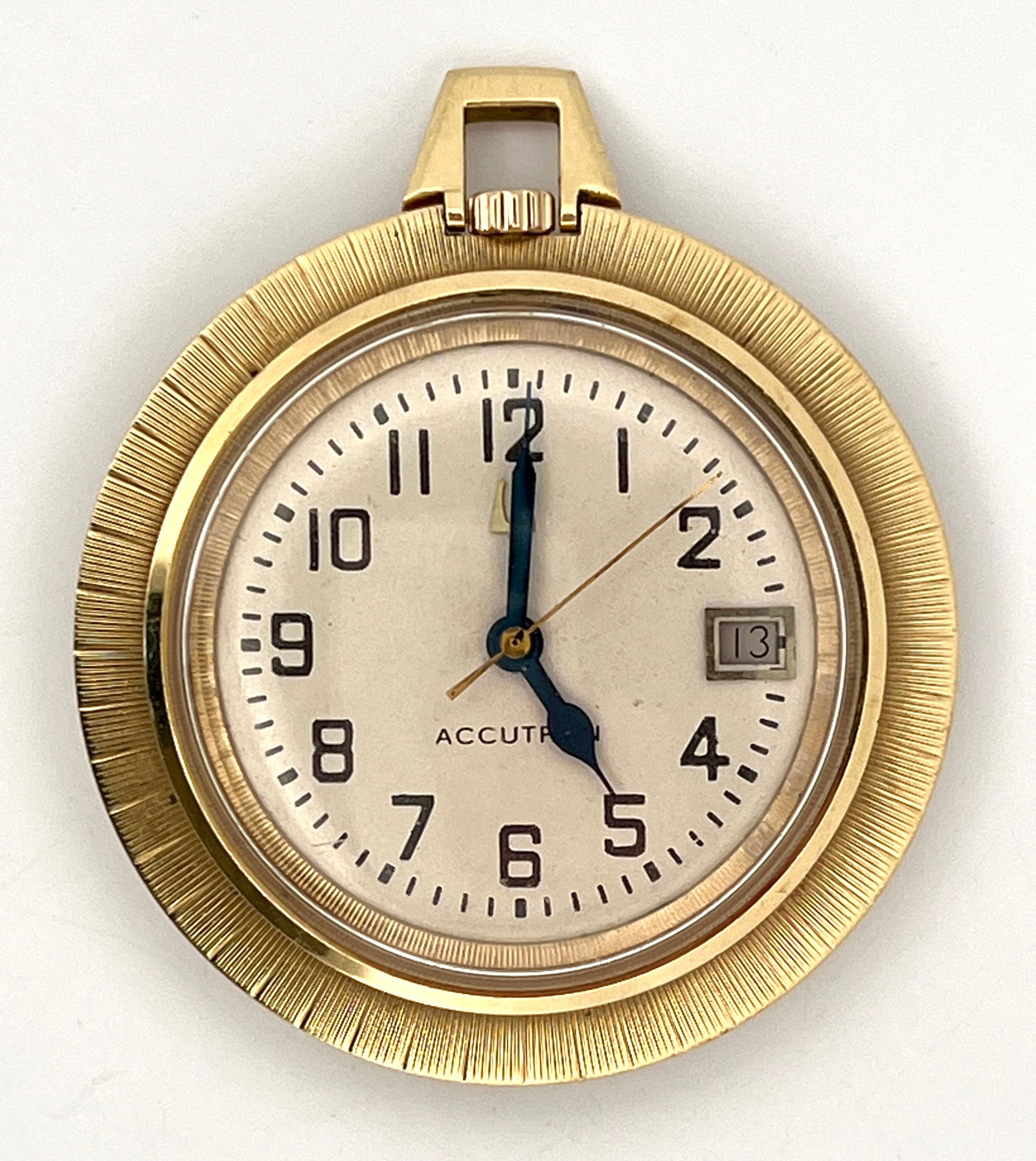 Accutron Pendant Watch 14k Gold: Accutron pocket watch with a 218D movement. It is housed in a 14k gold case serial number Y545245. The watch measures 41.9 x 41.9 x 10.4 mm and weighs 45.3 grams. 