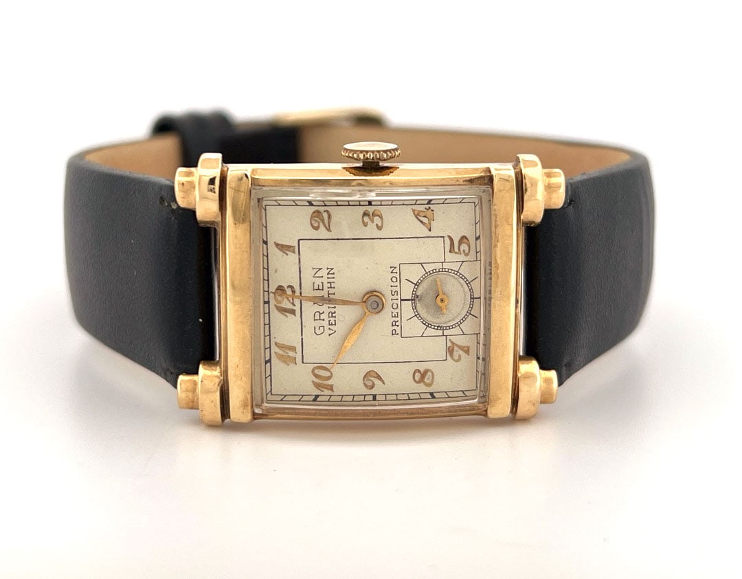 Gruen Verithin 14K Gold Wristwatch: Gruen Verithin wristwatch with a 14K gold case. The watch features a square face with Arabic numerals and a subsidiary seconds dial. The movement is marked 'Gruen Watch Co. Precision Seventeen 17