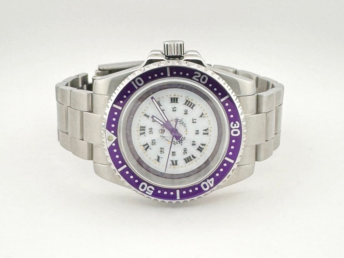 Custom Swiss Pocket Watch Conversion Automatic Wristwatch: A custom wristwatch featuring a converted Swiss pocket watch dial circa 1890. The watch has a stainless steel Yacht Master style case and bracelet, with a purple bezel insert. The dial features Roman