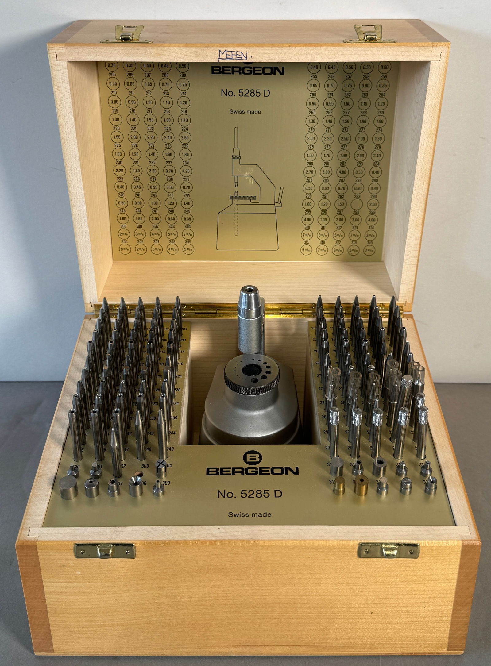 Bergeon No. 5285 D Staking Tool Set in Box: Bergeon No. 5285 D staking tool set in original wooden box. Swiss made. Dimensions: 7'' x 9''. Weight: 9.33 lbs. The staking set is used by watchmakers for riveting components
