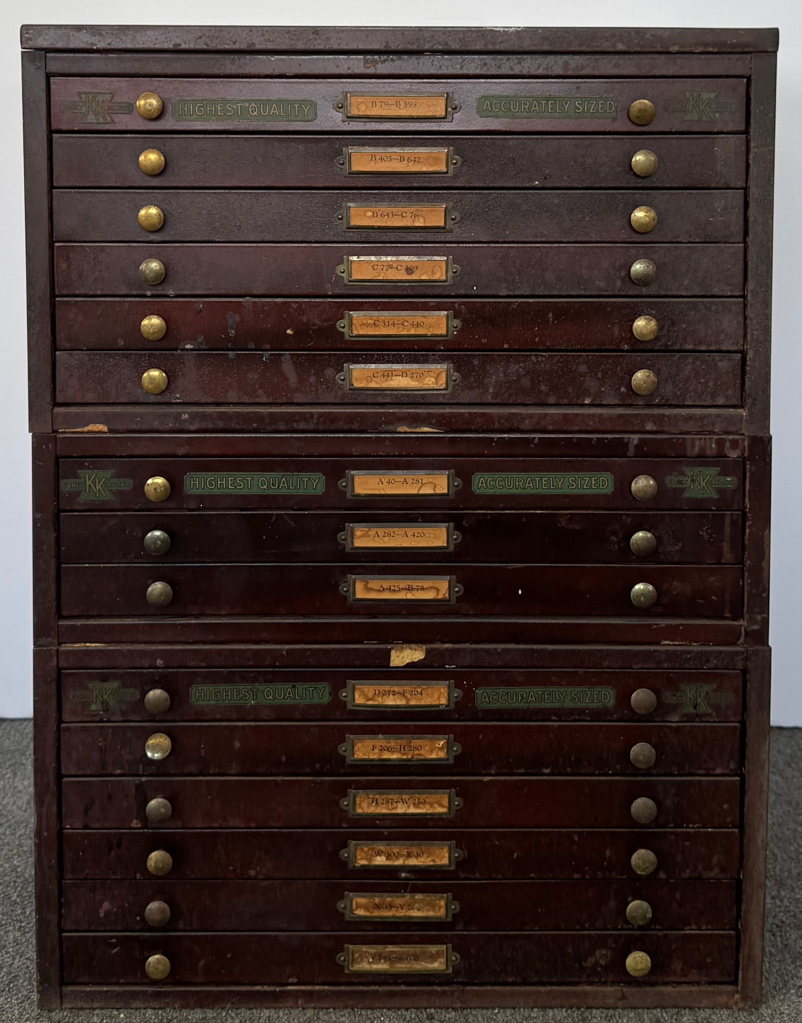 Vintage Collection of Variety of Glass Crystals in KK Duralife Steel Cabinet, KK Crystal Co. NYC: Variety of vintage glass crystals (wide selection of shapes and sizes) stored in a KK Duralife steel cabinet from KK Crystal Co. Inc. of NYC. Features multiple drawers with label slots and brass pulls