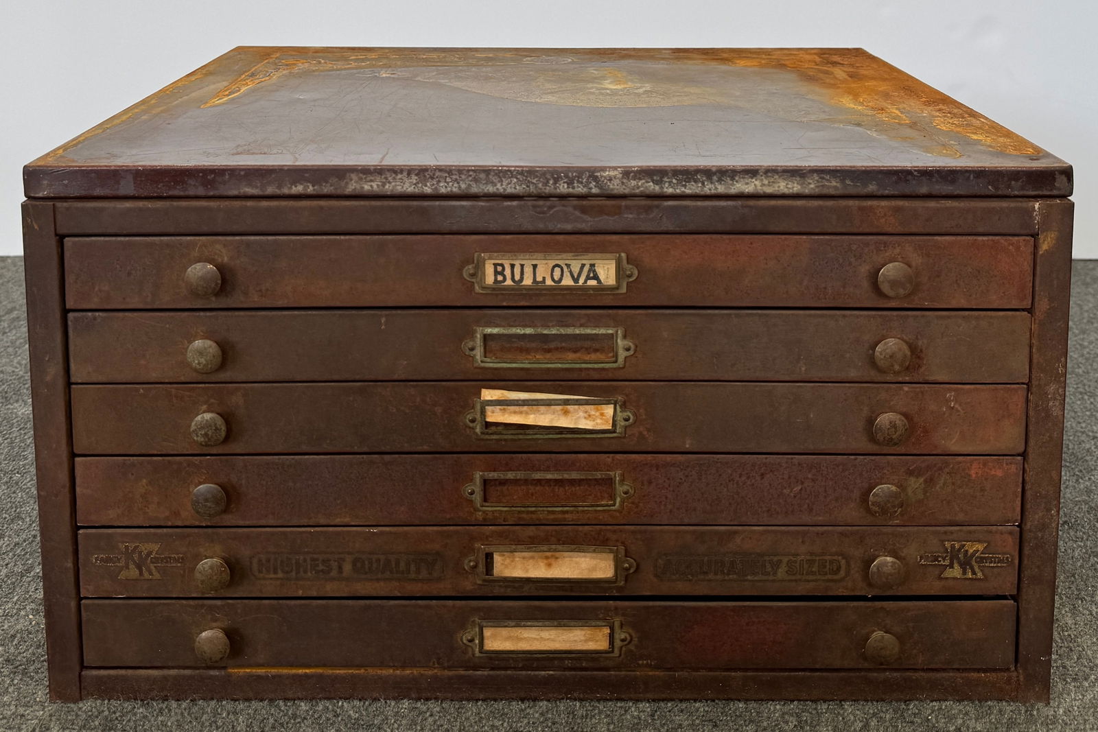 Vintage Metal Parts Cabinet with rectangular crystals Marked "Bulova" (1 of 5)