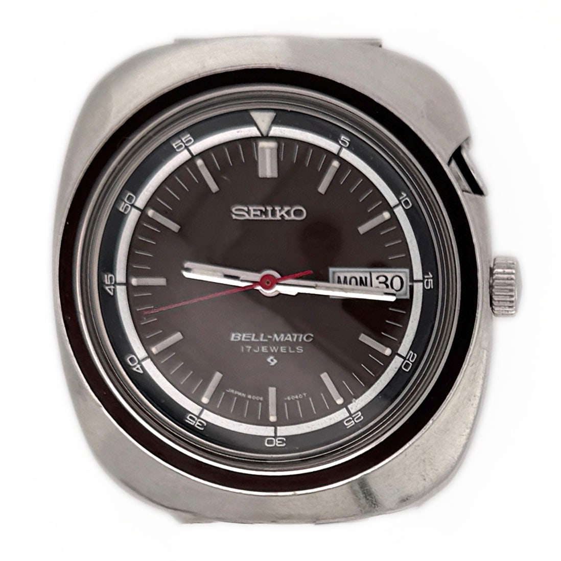 Seiko Bell-Matic 4006-6021 Automatic Wristwatch: Seiko Bell-Matic automatic wristwatch, model 4006-6021, featuring a 17-jewel movement, day/date display, and stainless steel case and bracelet. Serial number 172387.