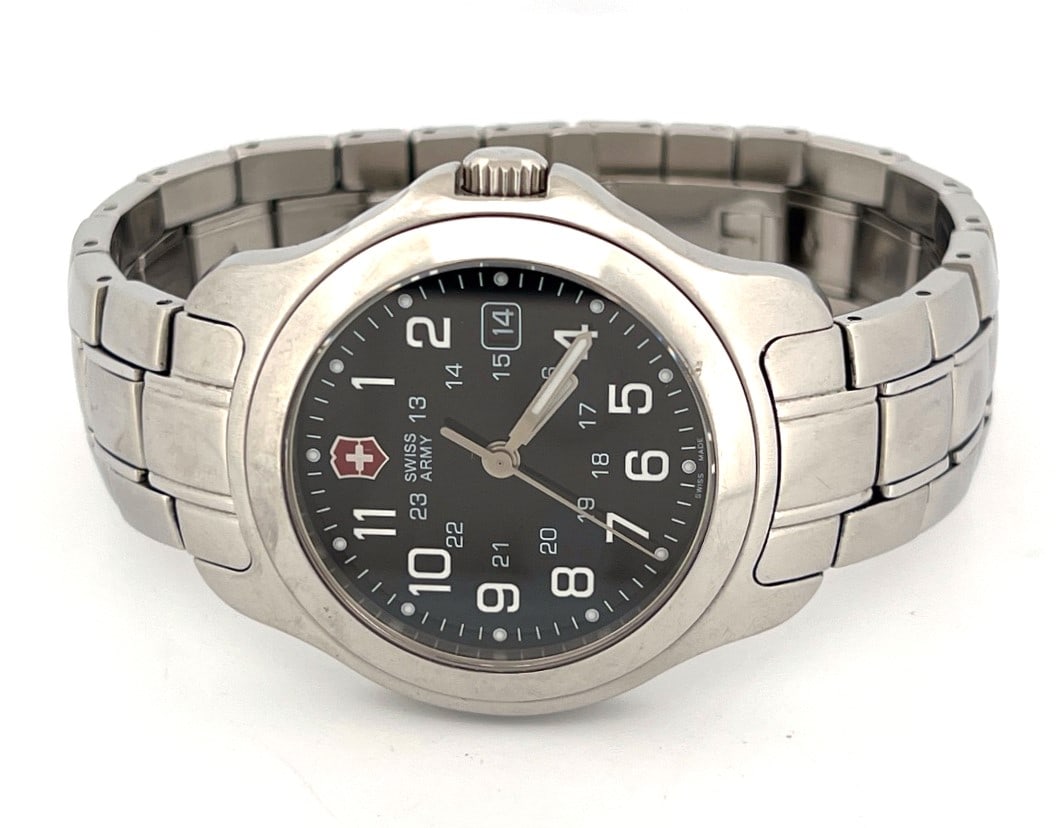 Victorinox Swiss Army Stainless Steel Watch: Victorinox Swiss Army watch with stainless steel case and bracelet. Features a black dial with luminous hands and markers, date display, and is water resistant to 100 meters.