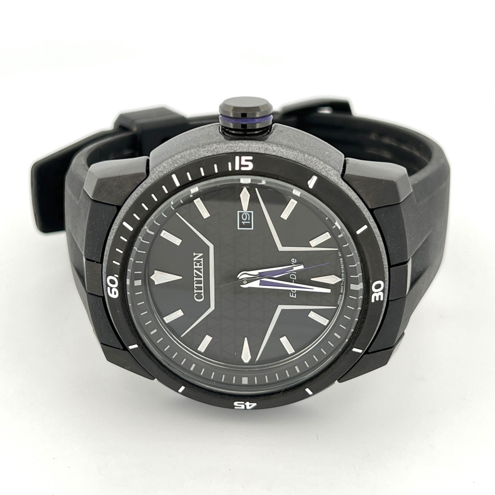 Citizen Eco-Drive Black Panther Limited Edition Wristwatch: Citizen Eco-Drive Black Panther limited edition wristwatch. Features a black dial with luminous hands and markers, date window, and Black Panther logo on the case back. Water resistant.