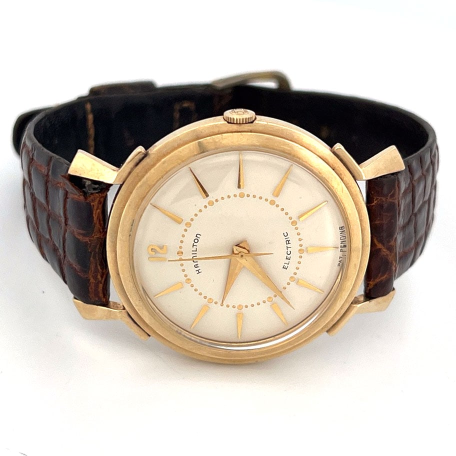 Hamilton Electric 10K Gold Filled Wristwatch, S155662: Hamilton Electric wristwatch with a 10K gold filled case from the 1950's. Serial number S155662. The back of the case is engraved 'Harry F. Rourke 1926-1961 Rayon Processing Co.' The movem