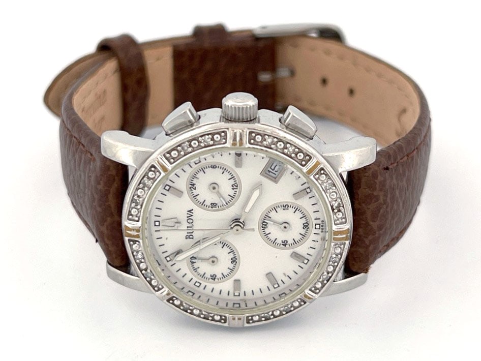 Bulova Ladies Chronograph Wristwatch With Diamonds, Model 96R19 Serial C837317 (1 of 5)