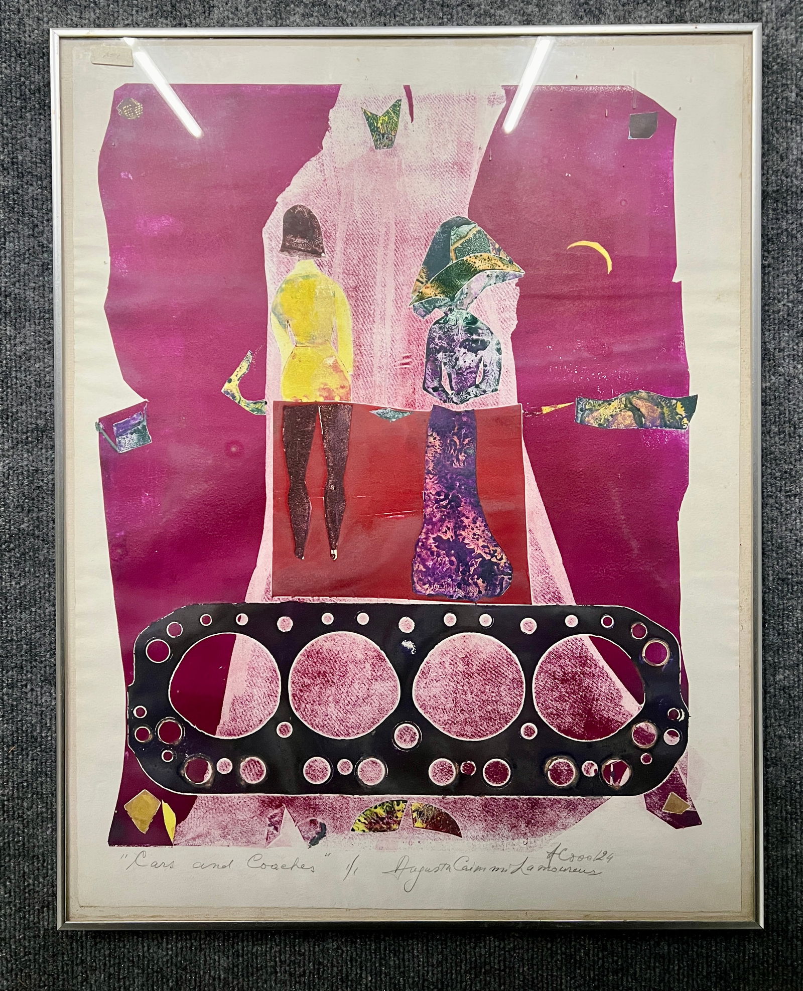 Collagraph by Augusta Caimmi Lamoureux: A collagraph by Augusta Caimmi Lamoureux titled "Cars and Coaches." Edition 1/1. Signed along the bottom.