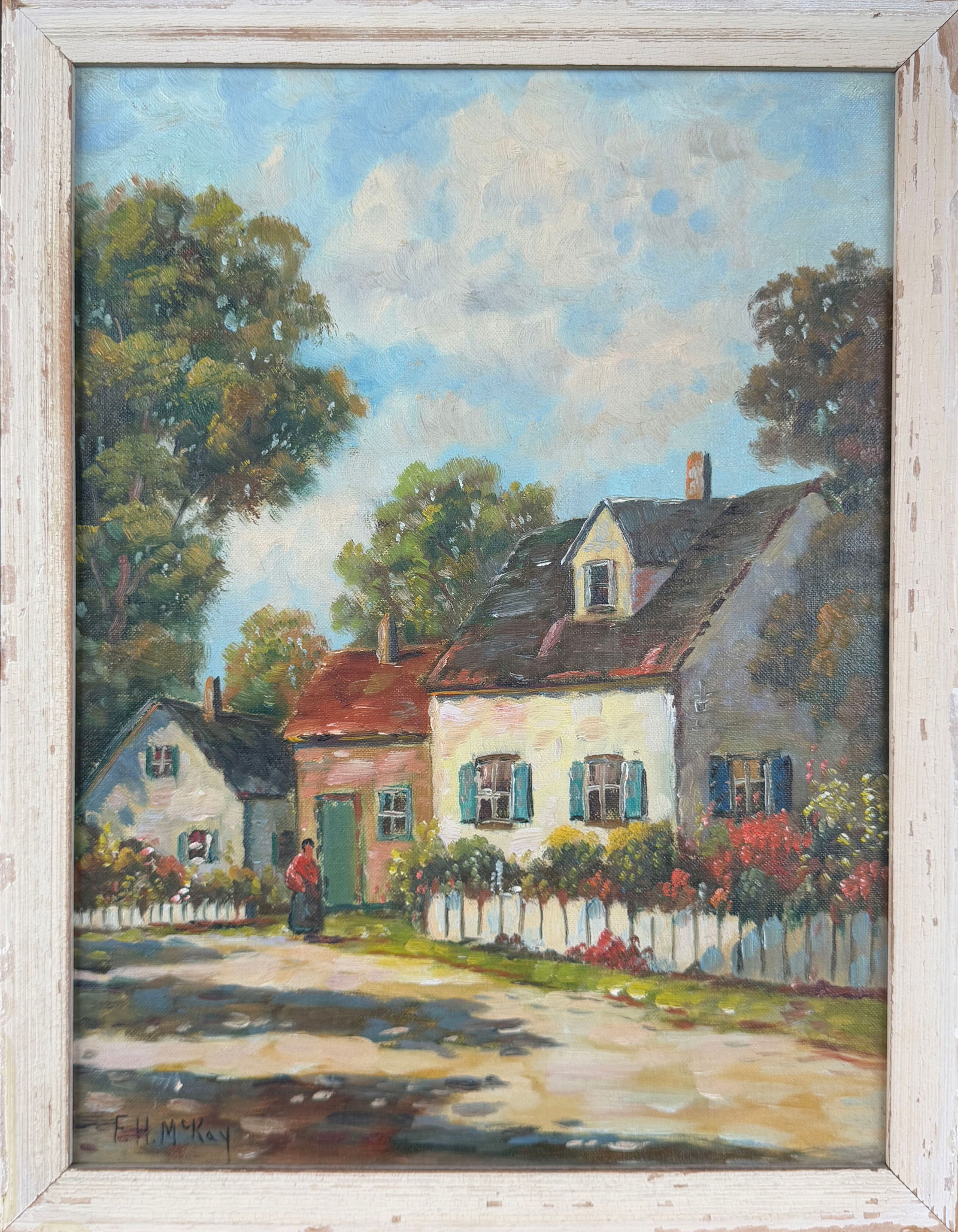 "A Maine Village" Oil on Canvas - Frances H. McKay: Oil painting titled "A Maine Village" by Frances H. McKay, signed bottom left. Provenance also on reverse.Board: 15.5" x 11.5"Frame: 17.5" x 13.6"