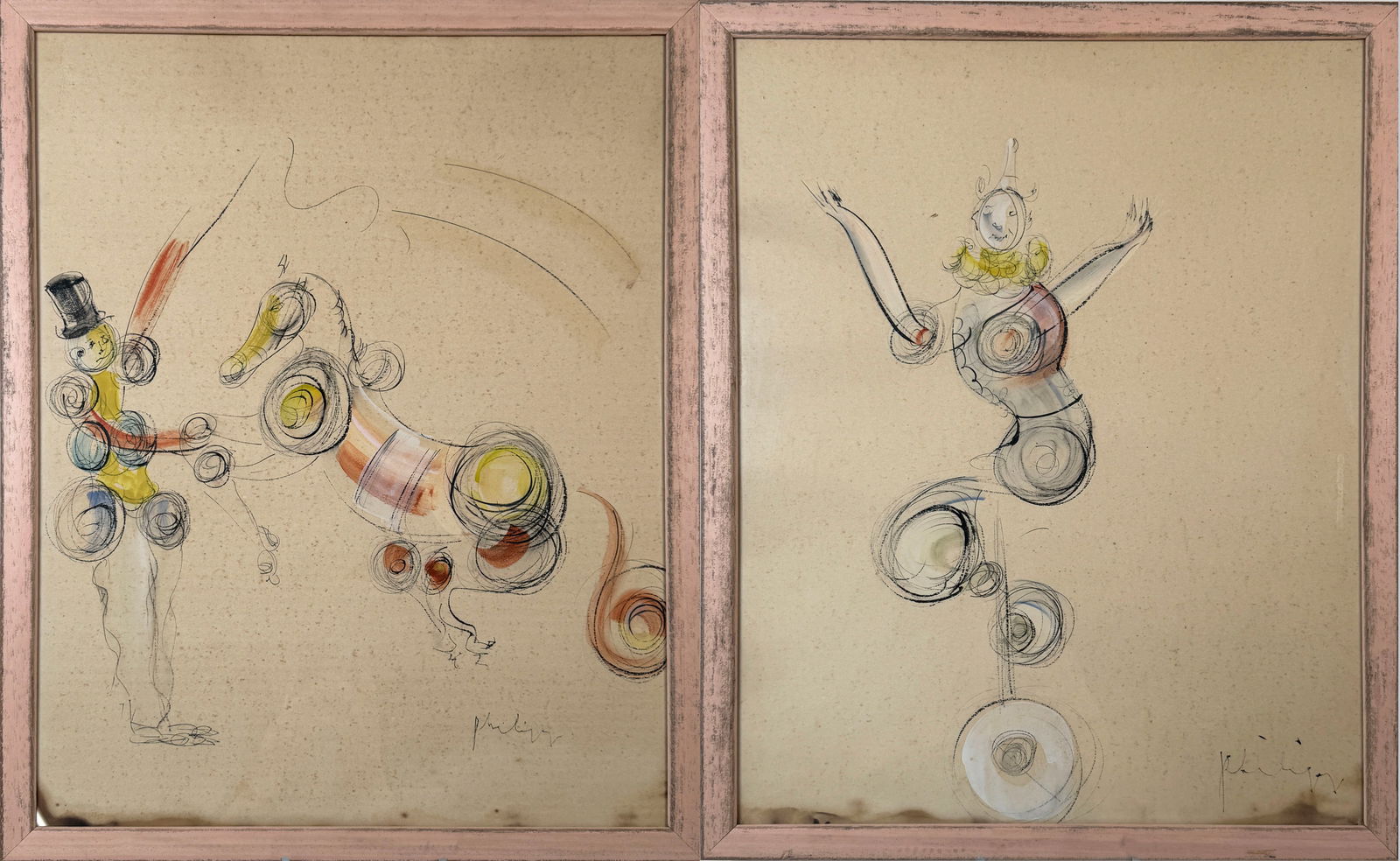 Two Circus Works on Paper: Abstract drawing of a figure, possibly a clown or dancer, rendered in ink and watercolor on paper. Signed bottom right. Framed. Dimensions: 21.25 x 17.25 inches.