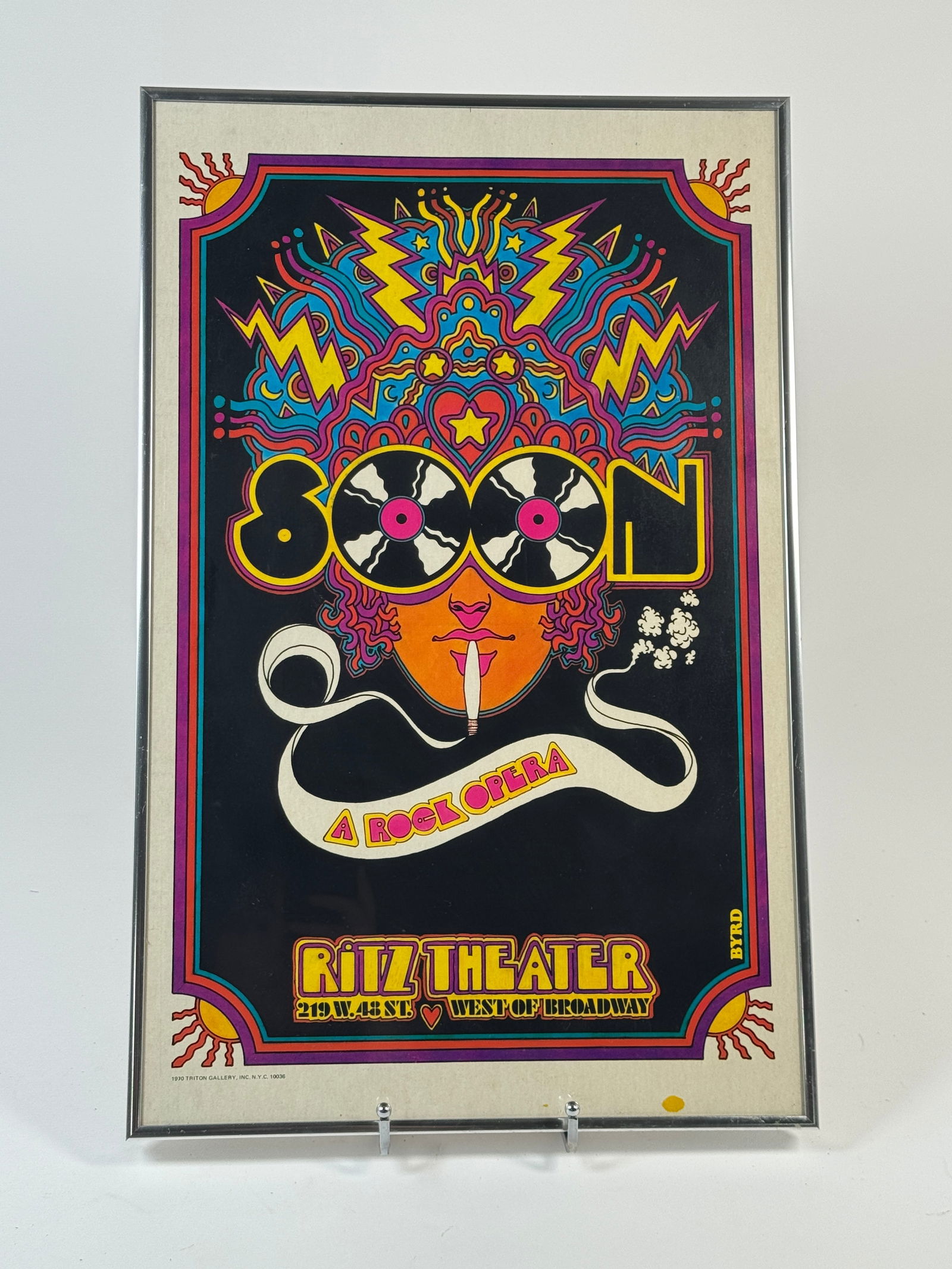 "Soon: A Rock Opera" Framed Poster - David Edward Byrd, 1971: Vintage poster for "Soon: A Rock Opera" at the Ritz Theater, framed. Dimensions: 22 3/16 x 14 3/16 inches. Designed by David Edward Byrd.