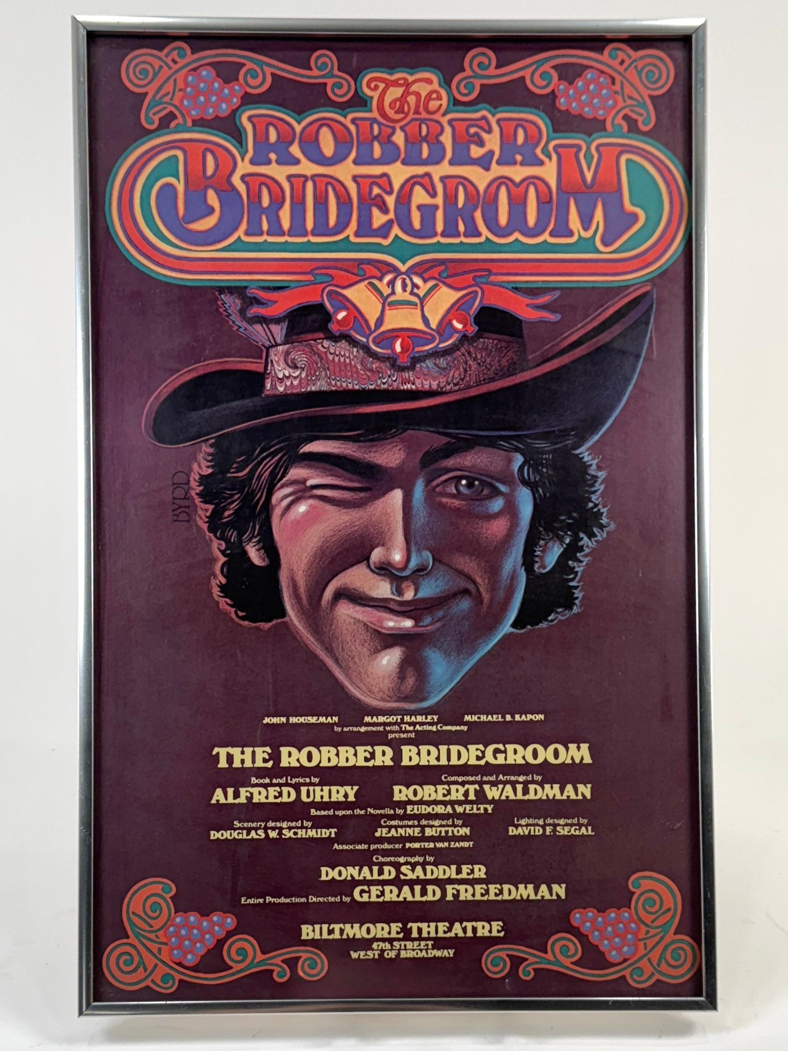 "The Robber Bridegroom" Theatre Window Card, 1971: Framed theater window card for 'The Robber Bridegroom', 1971. Dimensions approximately 22.25 x 14.25 inches. 