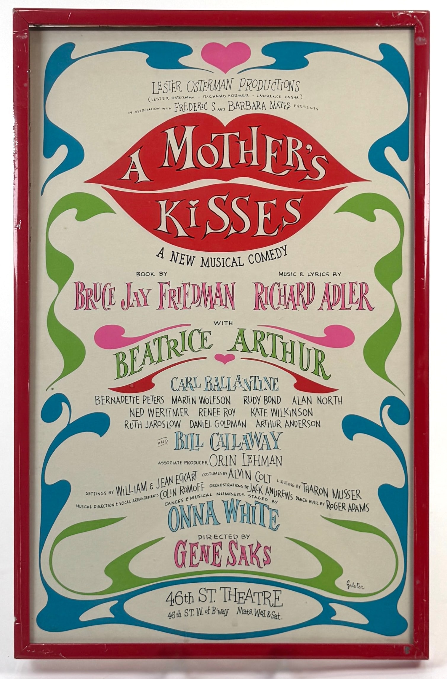"A Mother's Kisses" Broadway Poster - 1968: 1968 Broadway poster for "A Mother's Kisses". Features Beatrice Arthur, Carl Ballantine, Onna White, and Gene Saks. Framed. Dimensions: 22 3/4 x 14 3/4 inches.