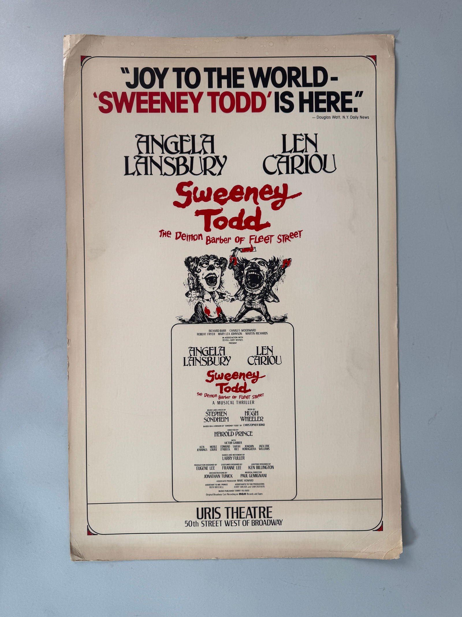 "Sweeney Todd" Broadway Window Card, 1979 - Angela Lansbury & Len Cariou: Original Broadway poster for Sweeney Todd starring Angela Lansbury and Len Cariou. Uris Theatre. Dimensions: 23 x 14.5 inches.