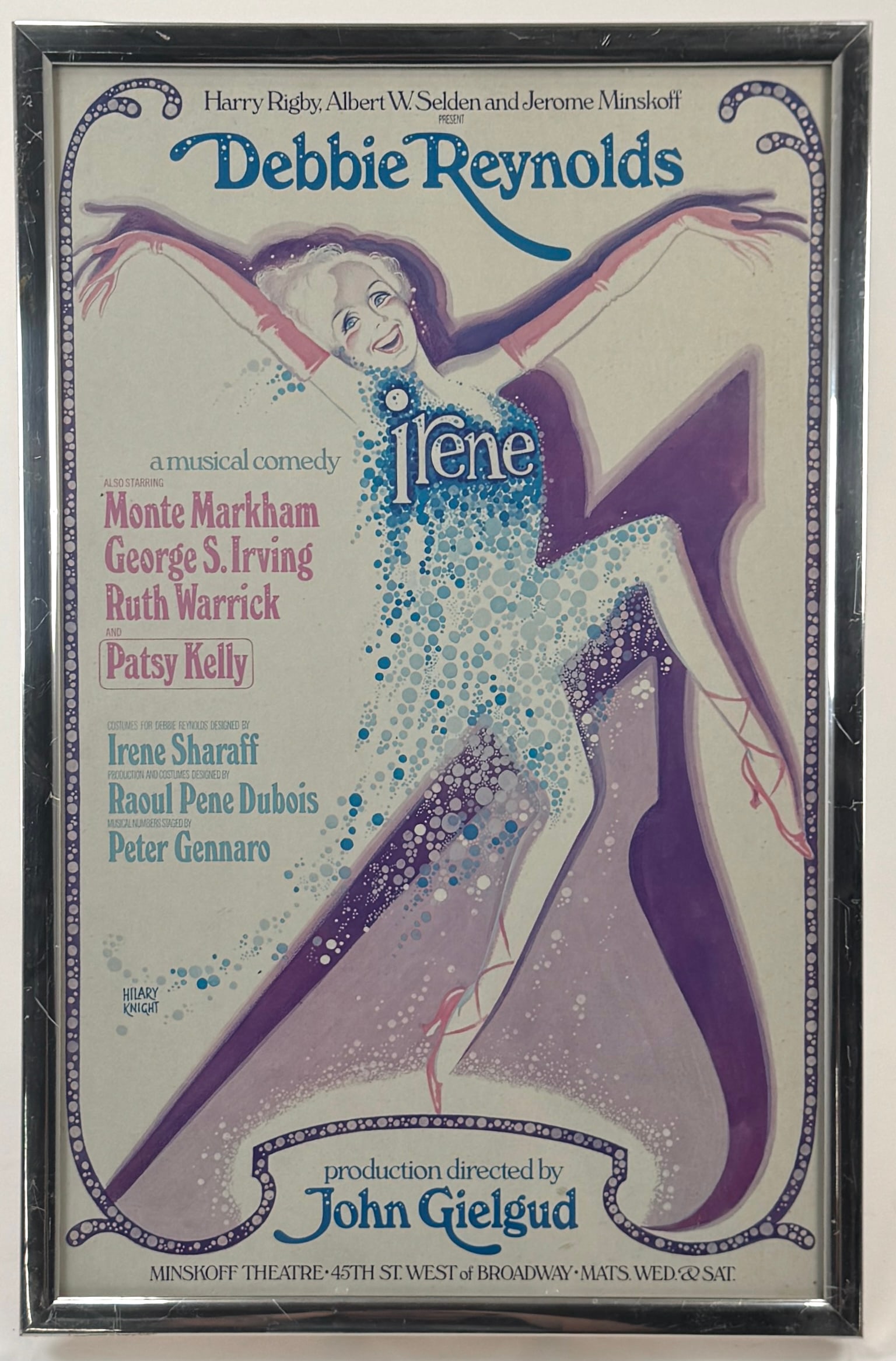 "Irene" Broadway Musical Poster, 1973: Vintage poster for the Broadway musical "Irene," directed by John Gielgud. Features Debbie Reynolds. Dimensions: 23 x 15 inches.