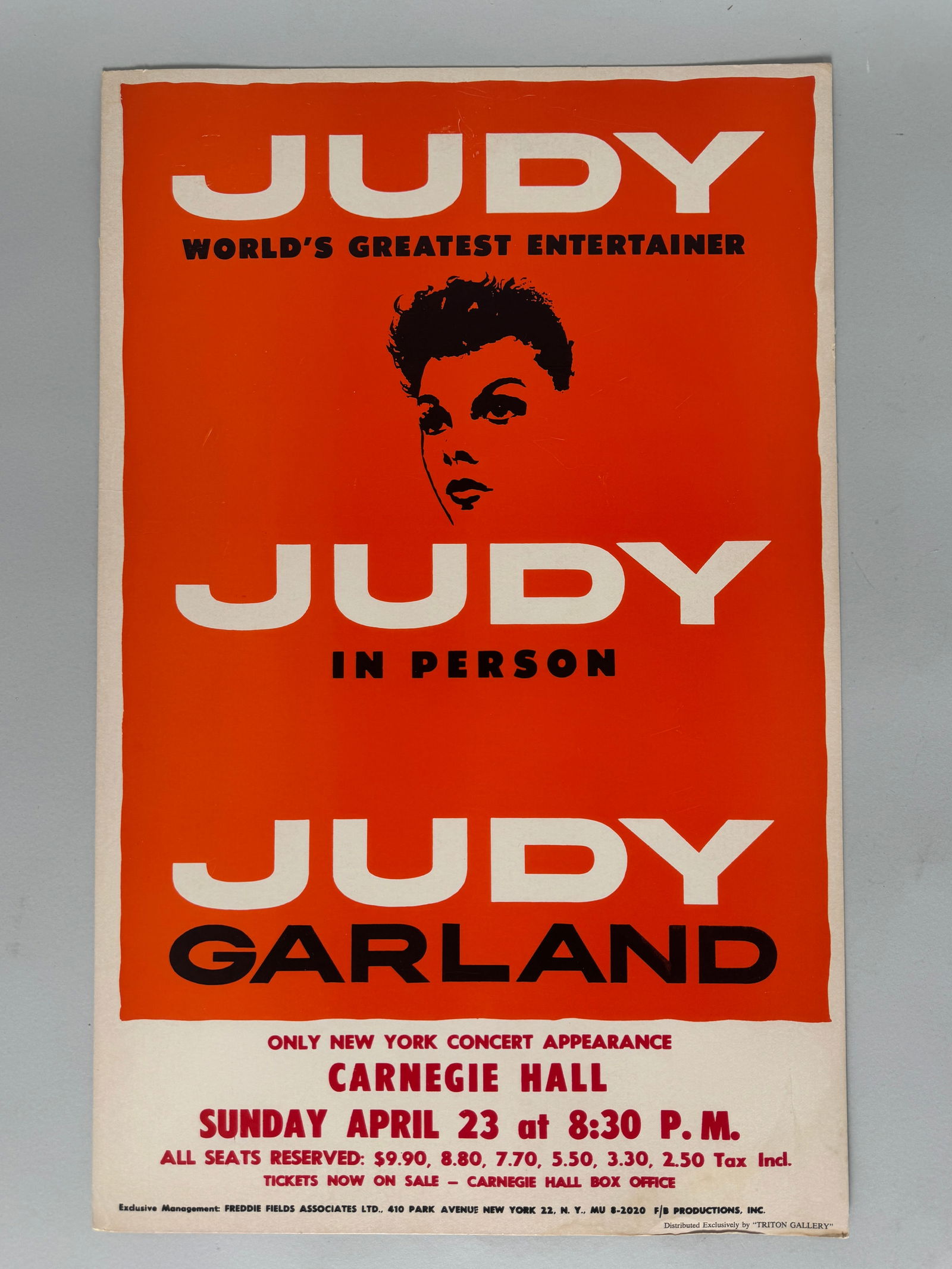 Judy Garland Carnegie Hall Concert Poster, 1961: Vintage poster advertising Judy Garland's concert at Carnegie Hall, April 23, 1961. Dimensions: 22 x 14 inches. 