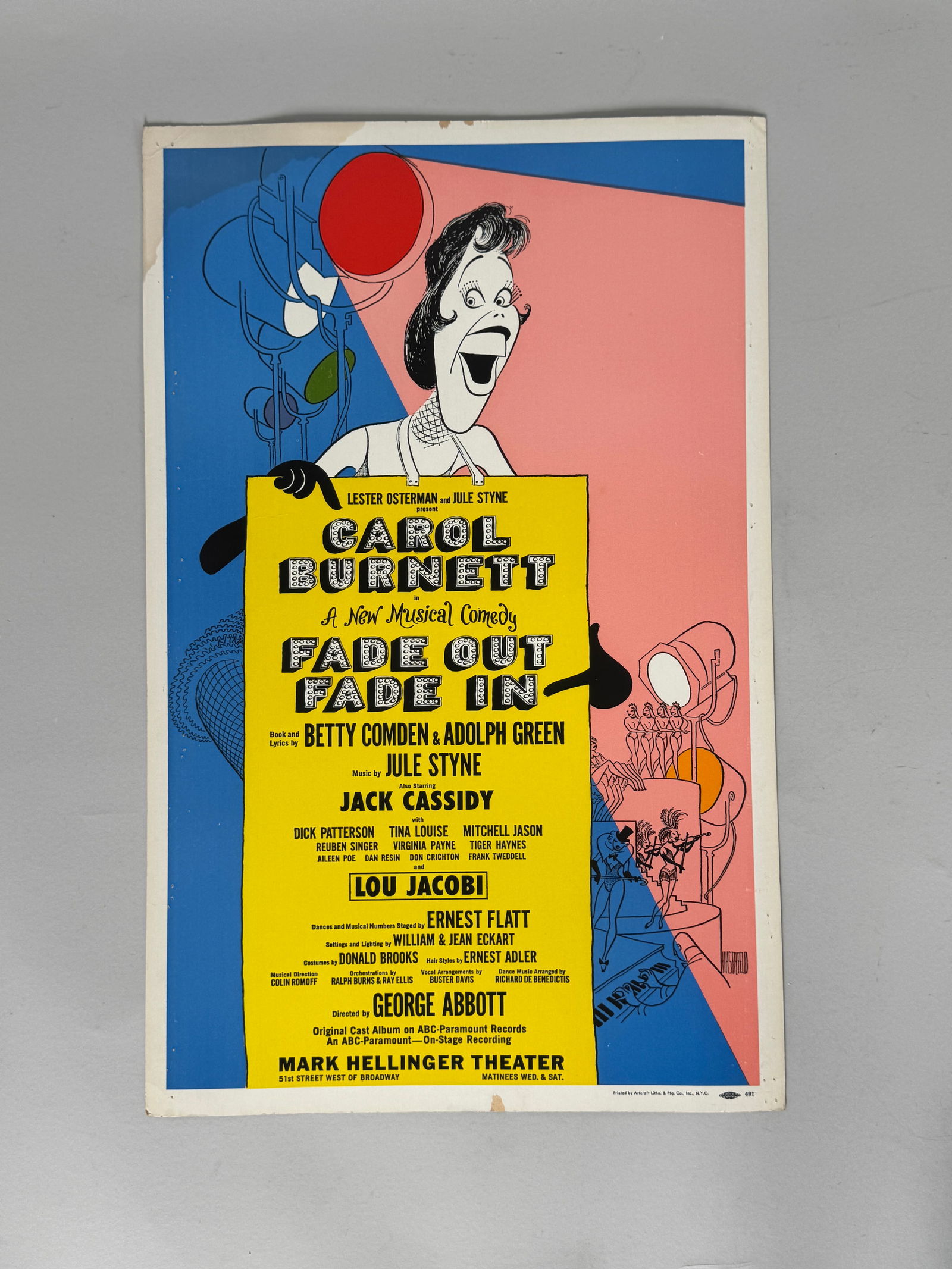 Carol Burnett "Fade Out - Fade In" Window Card, 1964: Original Broadway poster for 'Fade Out - Fade In,' starring Carol Burnett, 1964. Features vibrant colors and cartoon-style illustrations. Mark Hellinger Theater.