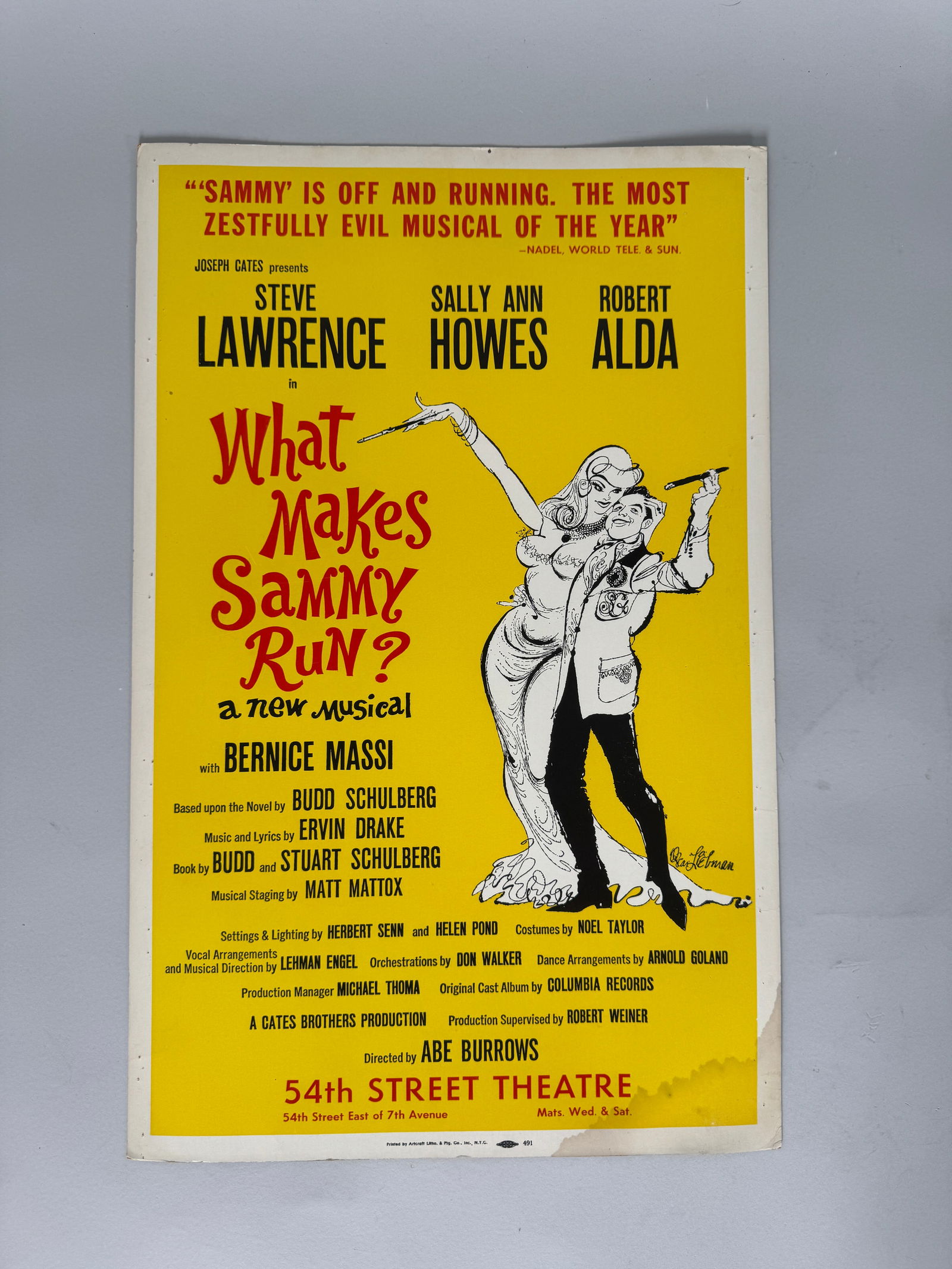 "What Makes Sammy Run?" Musical Poster, 1964: Original 1964 poster for the Broadway musical "What Makes Sammy Run?" starring Steve Lawrence, Sally Ann Howes, and Robert Alda. Dimensions: 22 x 14 inches.