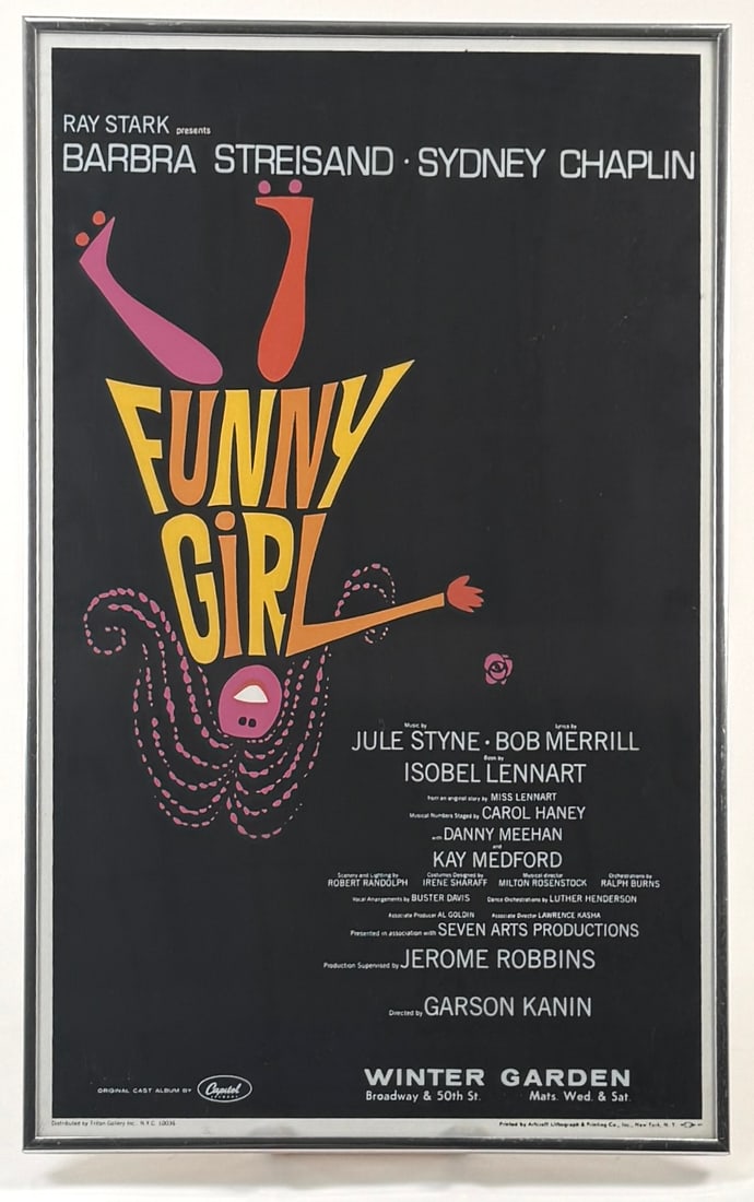 Framed Funny Girl Broadway Poster - Winter Garden, 1964: Original Broadway poster for "Funny Girl" starring Barbra Streisand at the Winter Garden Theatre, directed by Garson Kanin, 1964. Dimensions: 22 1/4 x 14 1/4 inches.