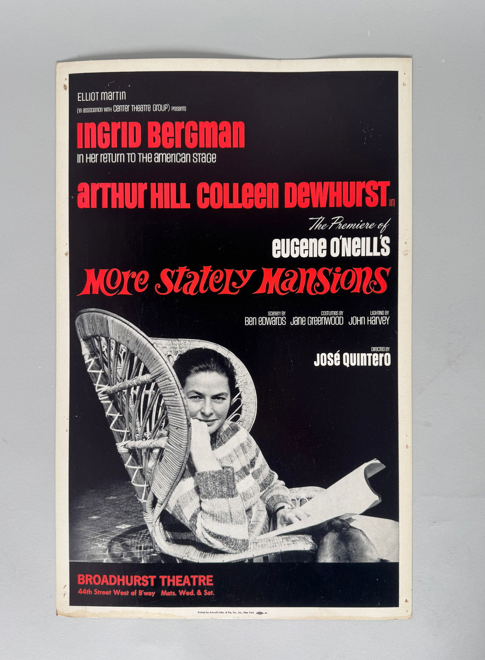 "More Stately Mansions" Play Poster, Ingrid Bergman - 1967: Original play poster for 'More Stately Mansions' at the Broadhurst Theatre, starring Ingrid Bergman, Arthur Hill, and Colleen Dewhurst. Dimensions: 22 x 14 inches.