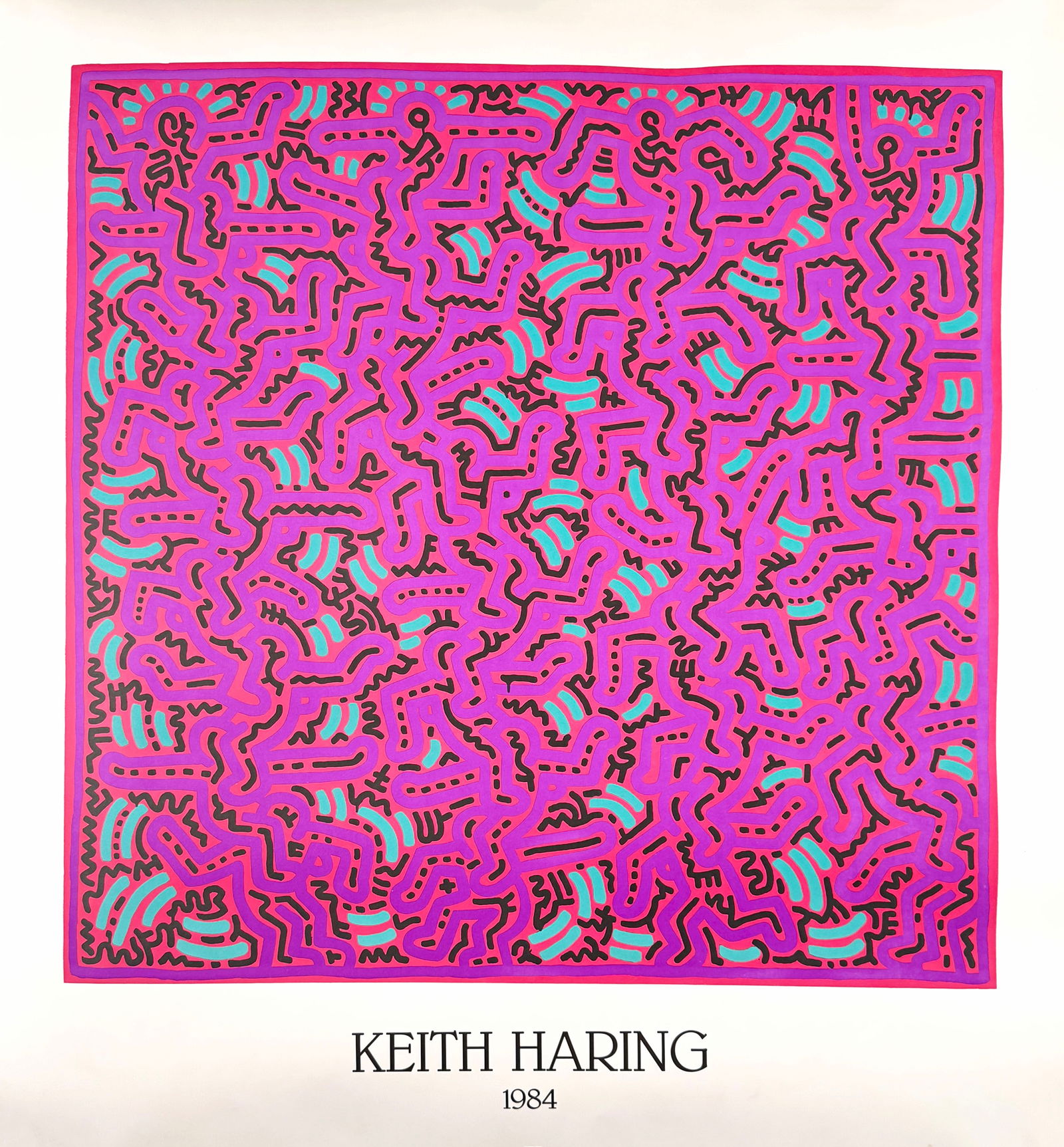 Keith Haring "Untitled (Pink)" 1984, Offset Lithograph: Offset lithograph of Keith Haring's untitled painting from 1984.Text on bottom margin reads:"Keith Haring / Acrylique Sur Toile 1984 / 1.52 M x 1.52 M / Coll. Tony Shafrazi - New York /