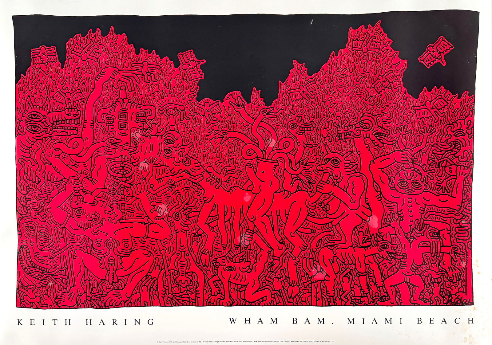 Keith Haring, "Wham Bam, Miami Beach" Offset Lithograph: Offset lithograph of a painting by Keith Haring (American, 1958-1990).Text in bottom margin reads: "Copyright Keith Haring 1985 / Untitled, acrylic and oil on canvas, 10'x15' / Courtesy: