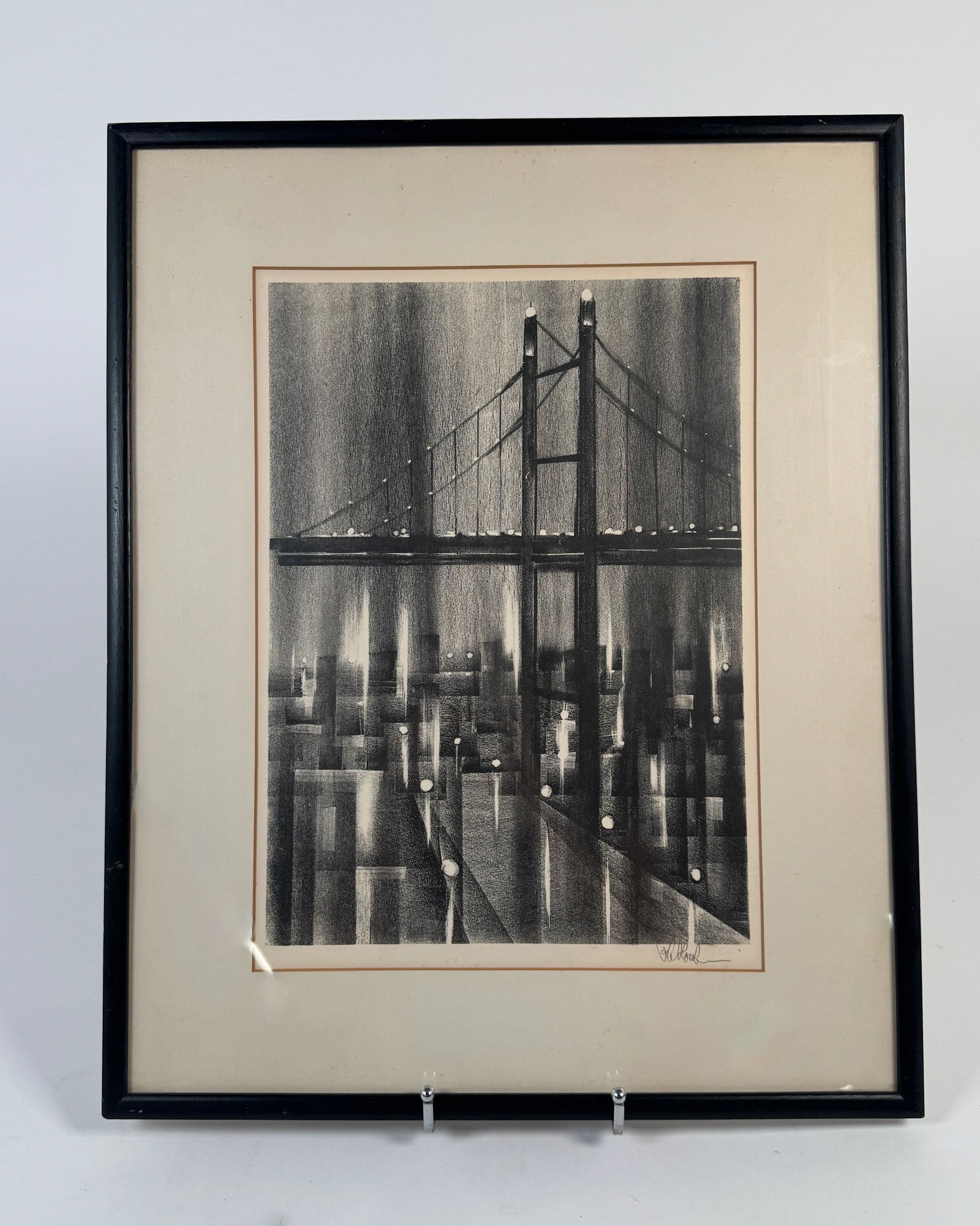 Richard Florsheim "Bridge" Lithograph, Signed: "Bridge" lithograph by Richard Florsheim (American, 1916-1979). Signed in pencil, lower-right. Framed. Frame dimensions: 20 3/4 x 16 3/4 inches. Sight dimensions: 14 1/2 x 10 1/2 inches.