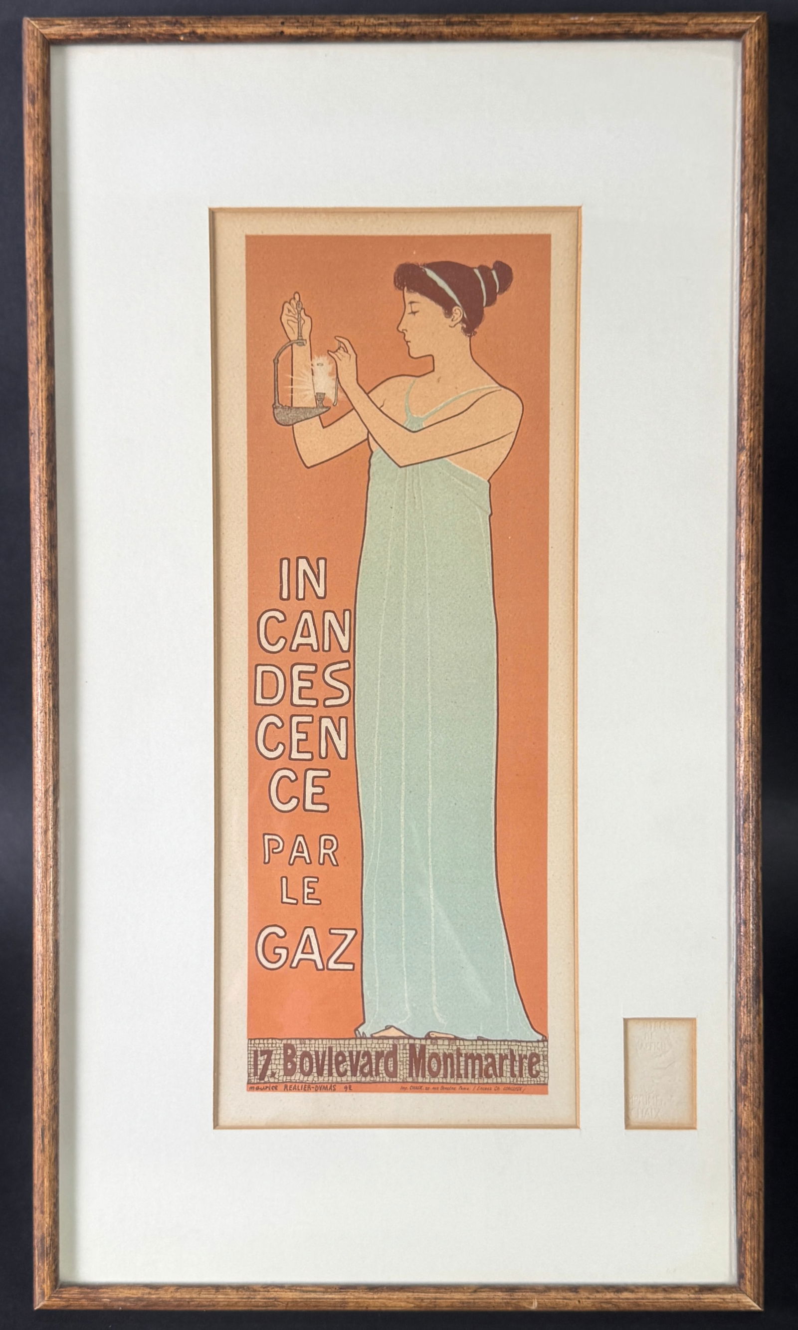 Incandescence Par Le Gaz Print: Framed print 'Incandescence Par Le Gaz' by Maurice Realier-Dumas. Frame dimensions: 20.25 x 11.75 inches. Print dimensions: 14.25 x 5.75 inches. Embossed stamp lower-right.