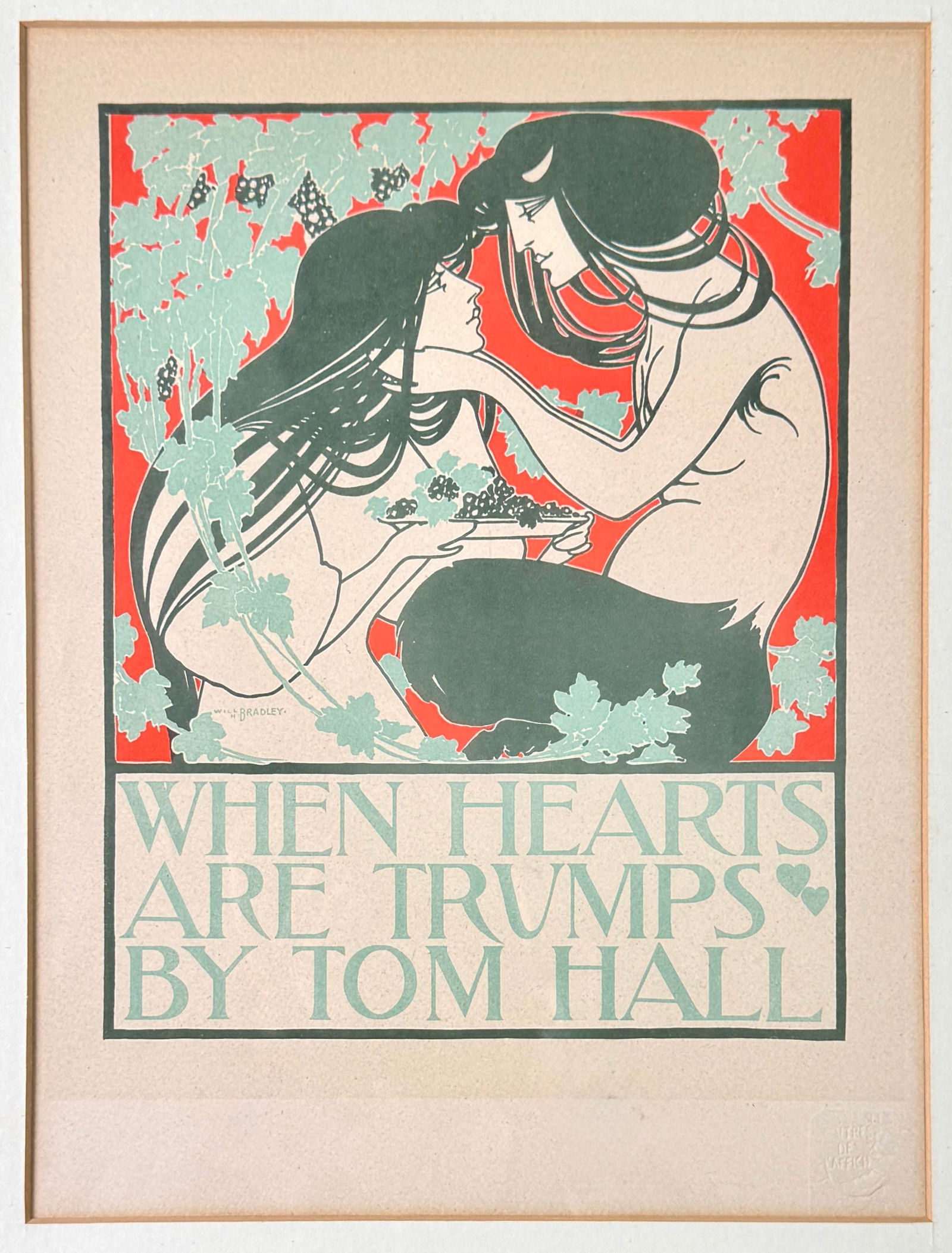 Tom Hall "When Hearts Are Trumps" Print: Framed print titled "When Hearts Are Trumps" by Tom Hall. Features an Art Nouveau style illustration with two figures. Frame dimensions: 17 x 14 3/8 inches. Print dimensions: 12 1/2 x 9 1/2