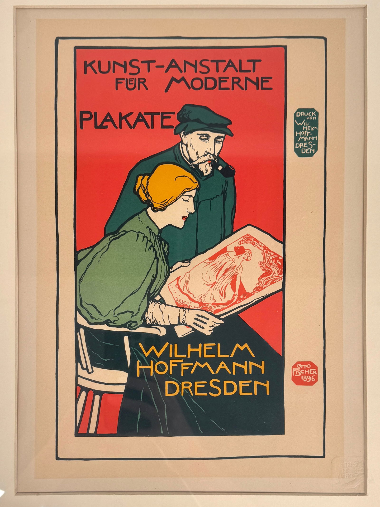 Otto Fischer lithograph - "Institute for Modern Posters": Framed poster for Kunst-Anstalt fur Moderne Plakate, Wilhelm Hoffmann, Dresden by Otto Fischer. Embossed stamp lower-right. Frame: 19 x 14 7/8 inches. Print: 14 x 10 inches. 