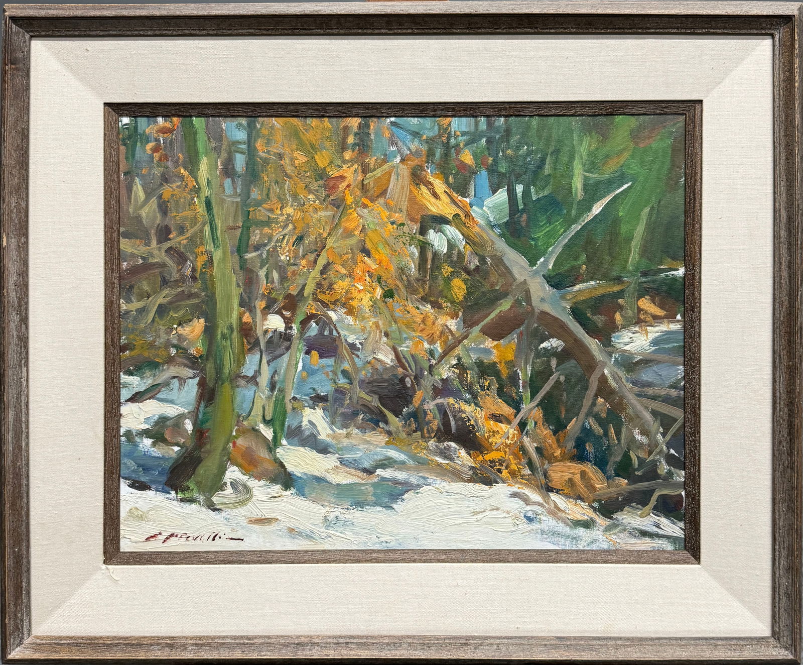 Oil on Canvas Board Painting by Charles Movalli: Framed oil on canvas board by Charles J. Movalli (1945 - 2016, American), 'Dead Leaves'. Signed lower left, titled and labeled verso.Dimensions: 16" x 20" (sight);