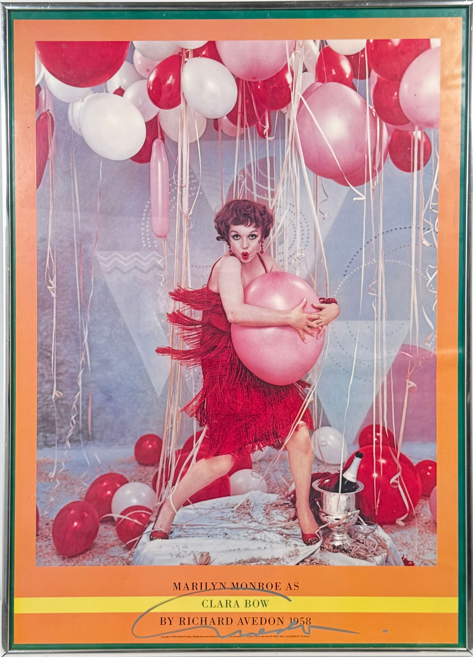 Signed Richard Avedon Poster- 'Marilyn Monroe as Clara Bow': Richard Avedon print, 'Marilyn Monroe as Clara Bow', signed by Richard Avedon. Framed, measuring 28.25 x 20.25 inches.