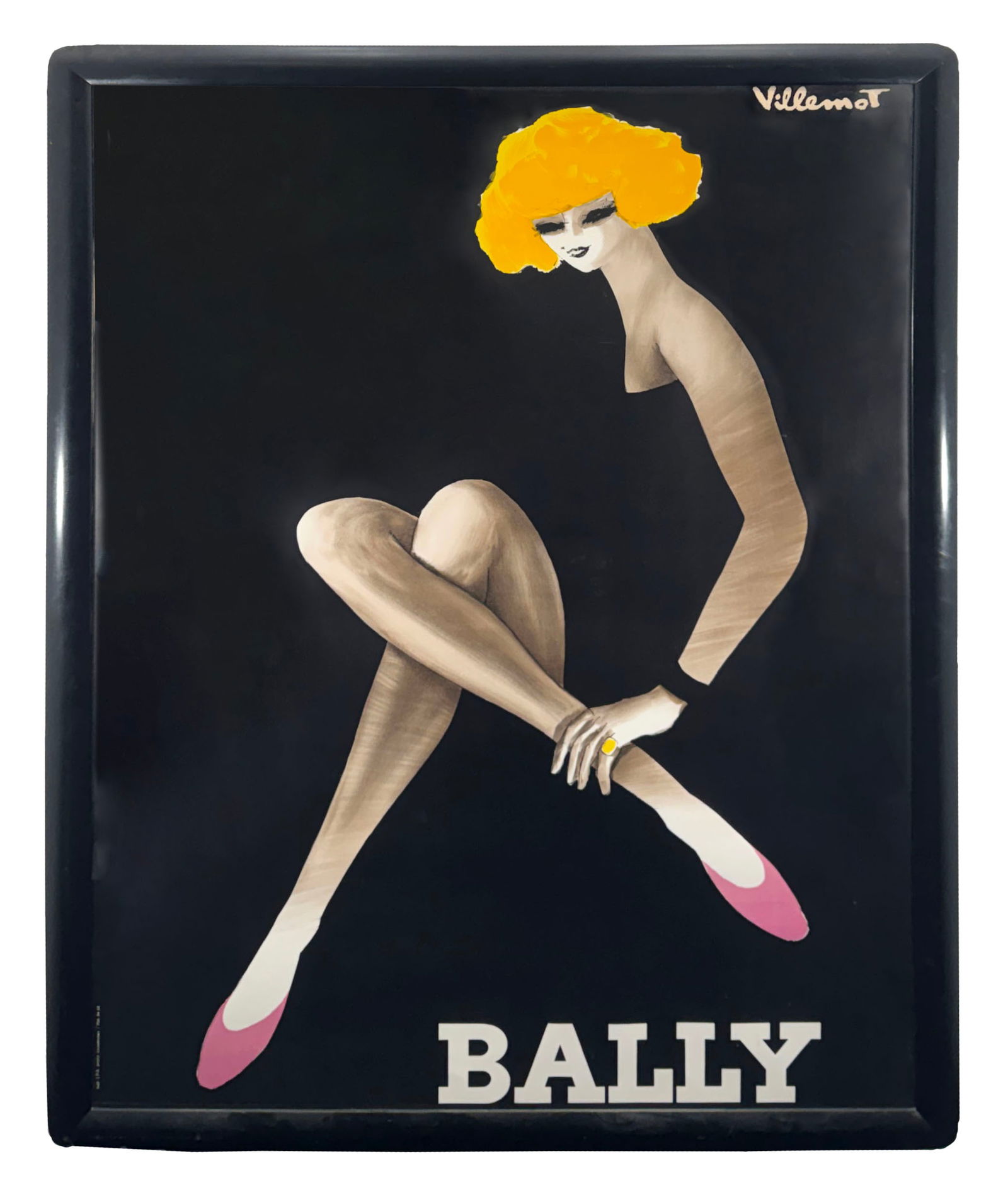 Bernard Villemot "Bally Blonde" Framed Lithograph: Color lithograph for Bally by Bernard Willemot (French, 1911-1989). Circa 1982. Signed in print upper right. Text in lower left: "Imp I.P.A. 94500 Champigny / 706 34 22" Frame Dimensions: