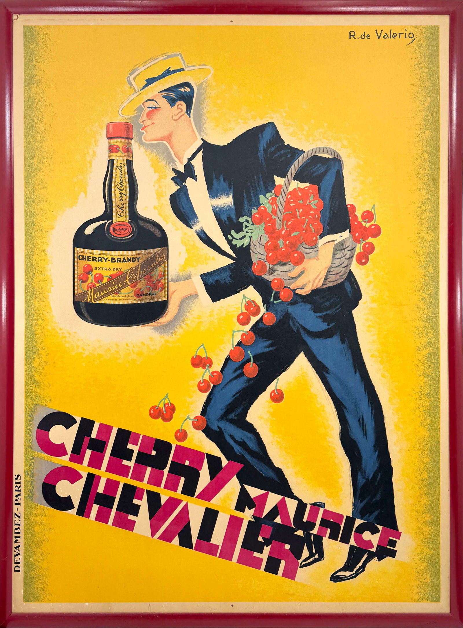 Maurice Chevalier Cherry Brandy Lithograph by Roger de Valerio: Cherry Maurice Chevalier advertising poster by Roger de Valerio (French, 1886-1951). Printed by Devambez, Paris. Frame Dimensions: 64 3/8" x 48 1/2"Sight Dimensions: 61 1/4" x 45