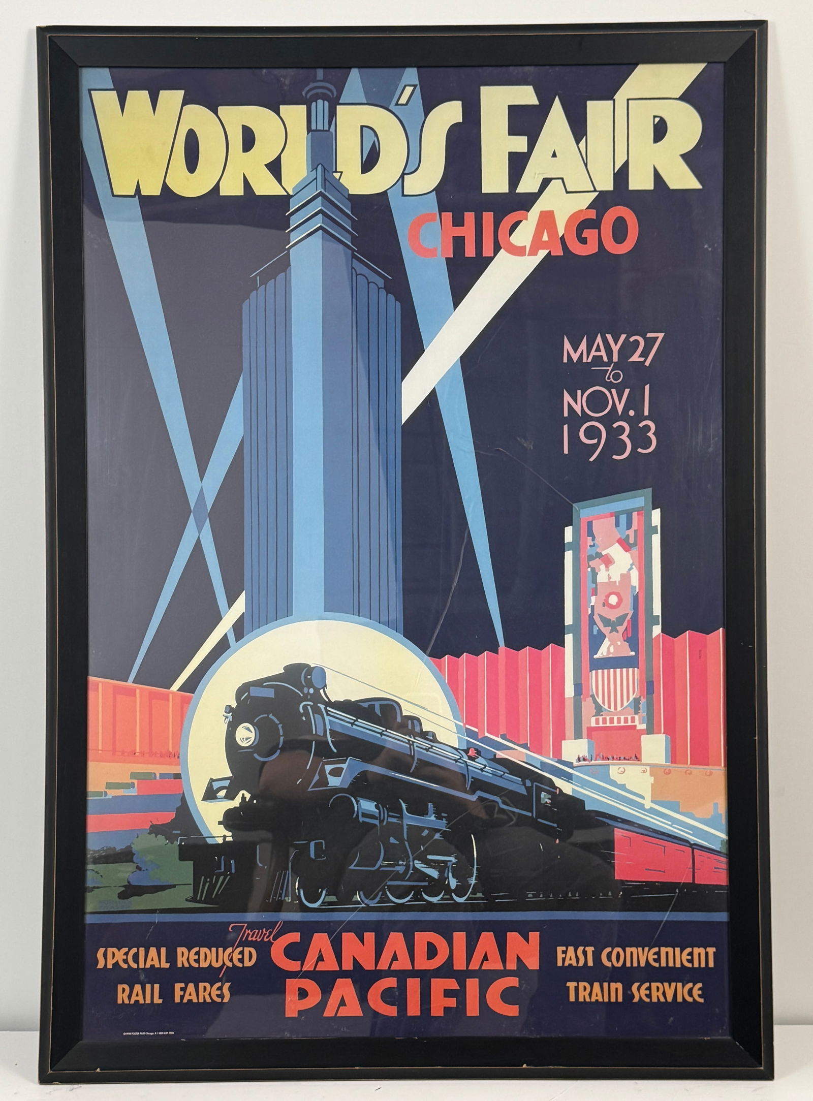 1933 Chicago World's Fair Canadian Pacific Travel Poster: Framed poster advertising the 1933 World's Fair in Chicago, promoting travel via Canadian Pacific. Dimensions: Frame 38 3/4 x 26 3/4 inches; Print 35 5/8 x 23 5/8 inches.