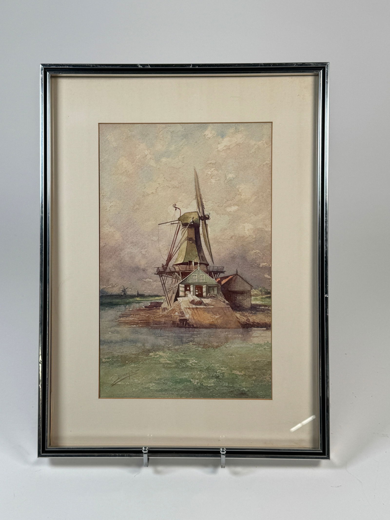 Watercolor Windmill Painting, Milton James Burns: Framed watercolor painting by Milton James Burns (1853-1933) depicting a windmill scene. Signed "Burns" bottom left. Frame dimensions: 19.75 x 14.5 inches. Print dimensions: 14 x 8.75
