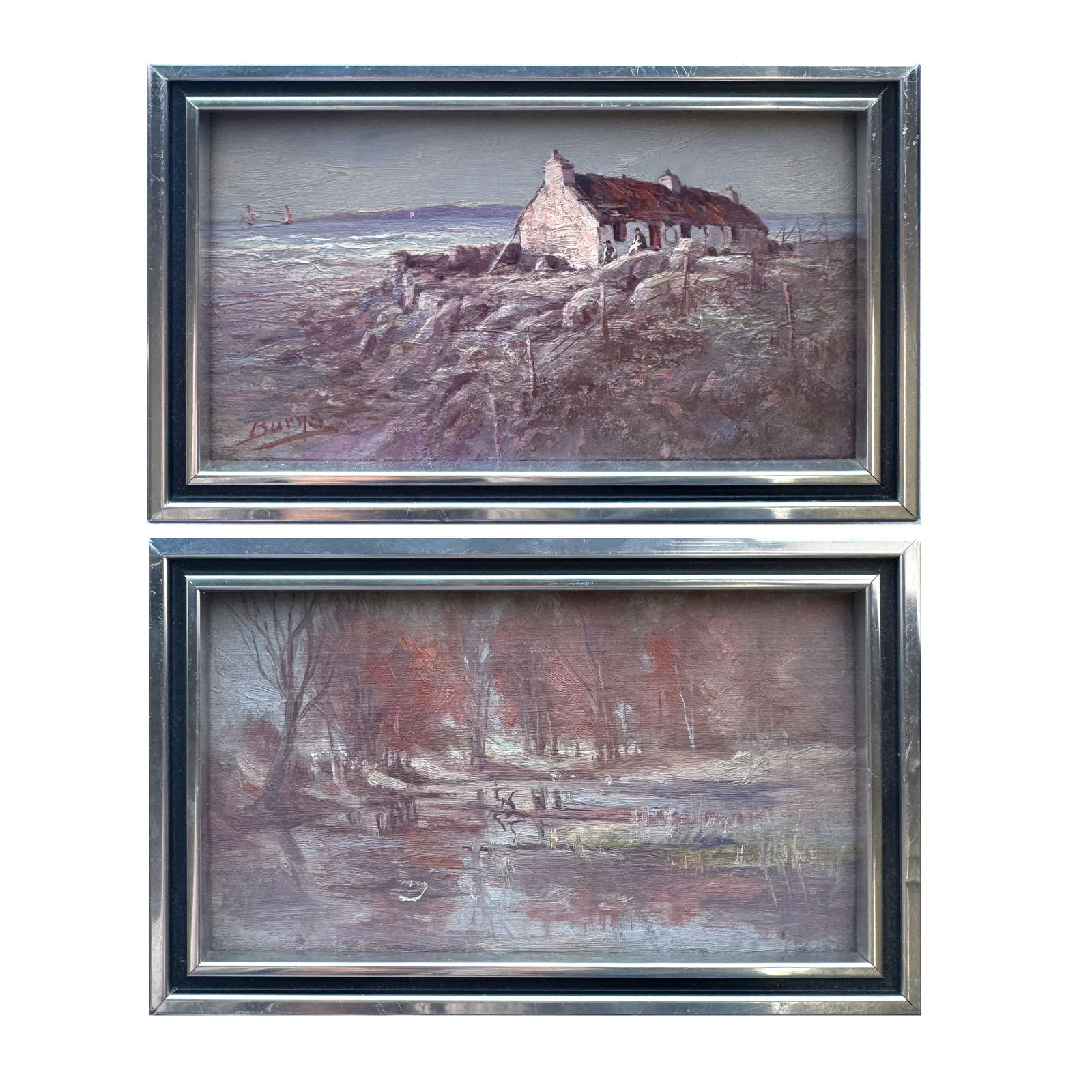 Two Small Oil Paintings, One Signed by Milton James Burns: Two small oil paintings, one signed in lower left by Milton James Burns (American, 1853-1933). No signature was found on the landscape containing trees, but the style and dimensions